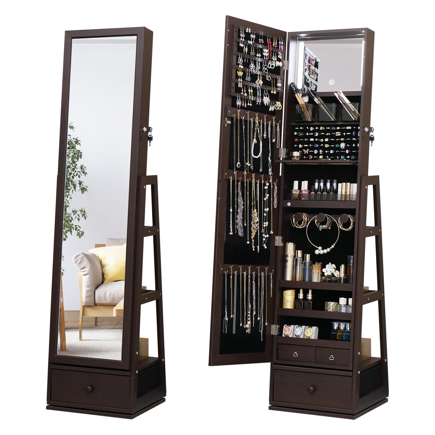 Swivel Full-Length Mirror Jewelry Cabinet with Lockable Storage - 63.7