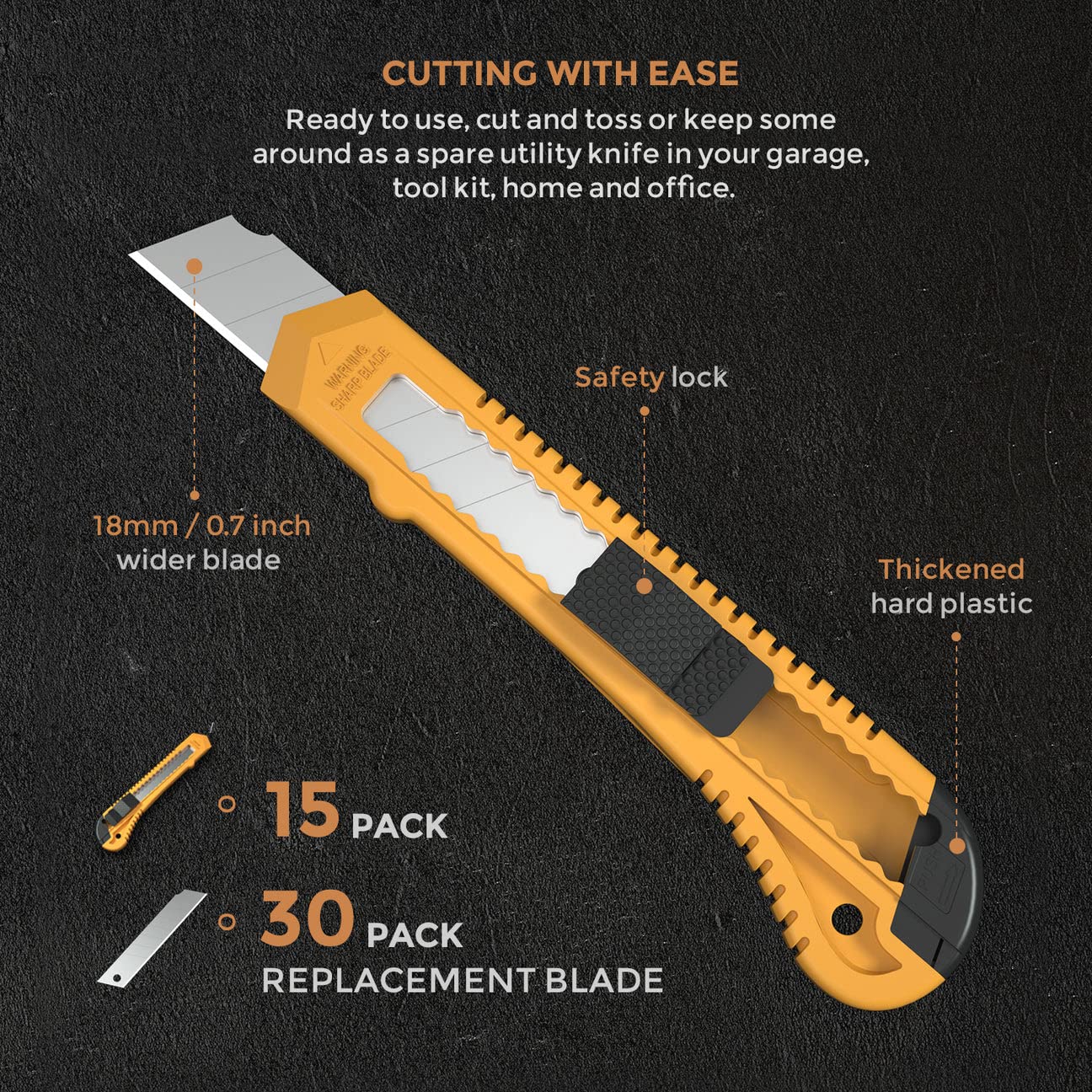 Nicpro 15 Pack Utility Knives with 30 Extra Blades - Heavy Duty Retractable Box Cutters with Snap-Off 18mm Razor Blades - Ideal for Office, Home, Arts & Crafts, DIY Projects, Packaging, and Workshop Use