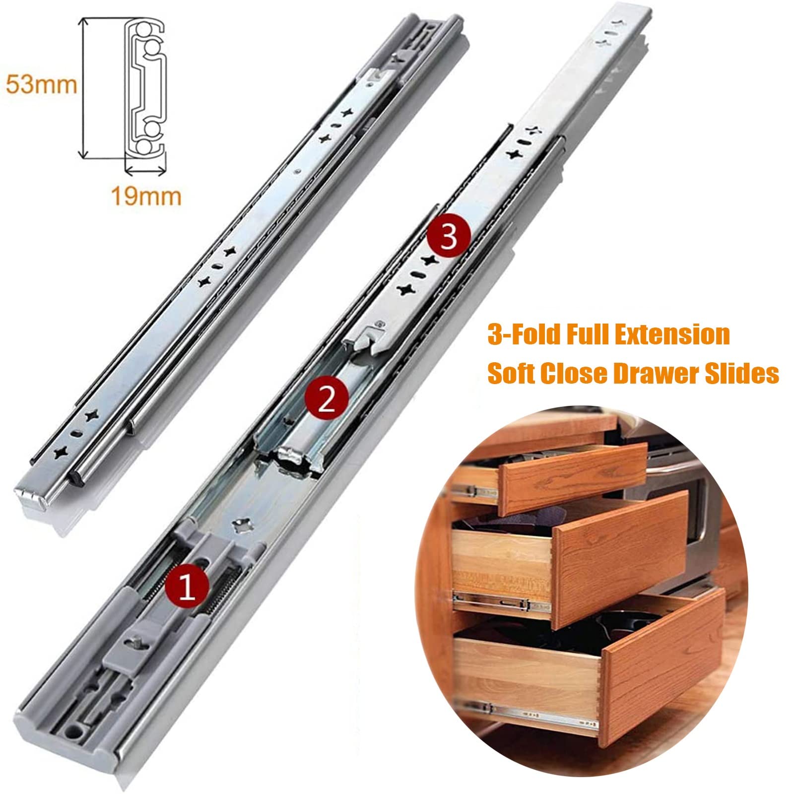 Heavy Duty Metal Ball Bearing Drawer Slides - Full Extension 3-Section Side Mount Soft Close for Kitchen Cabinets, Garage Storage | Durable & Smooth Gliding for Easy Access