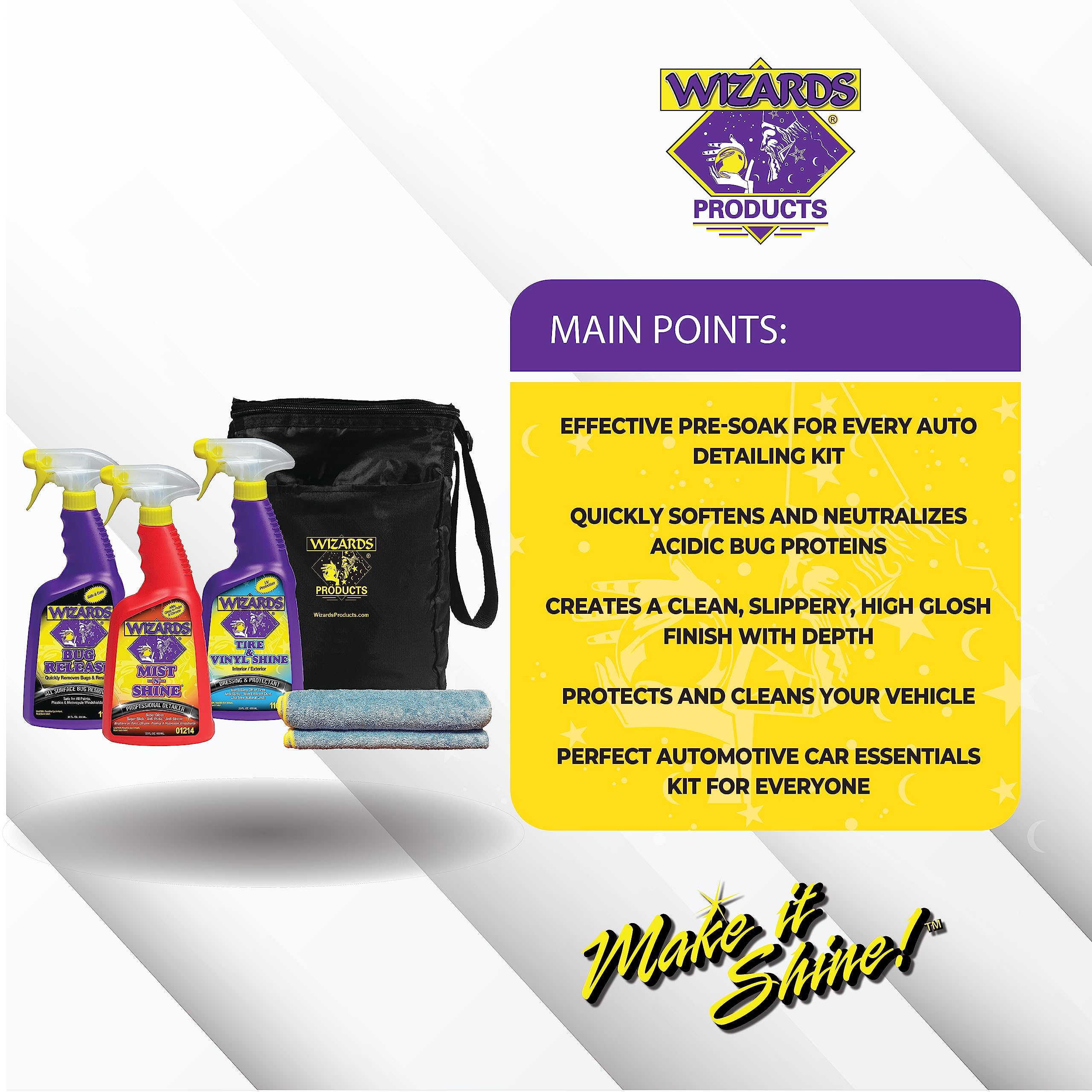 Wizards 5-Piece Professional Car Detailing Kit for Beginners - Includes Microfiber Towel, Storage Bag & 22oz Spray Bottles - Perfect for Car Washing, Interior Cleaning & Auto Detailing at Home