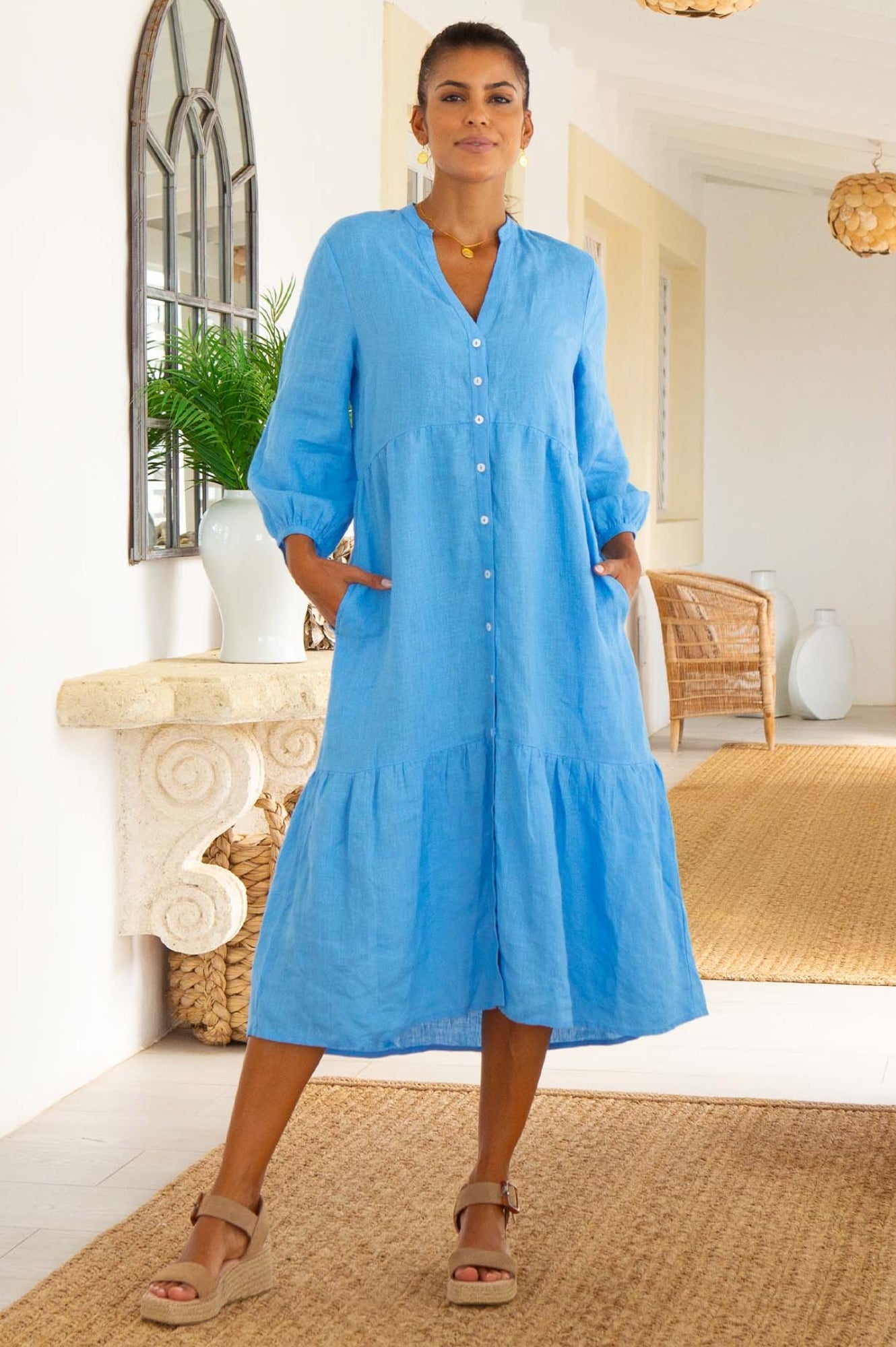 Charlotte Linen Dress Women's Summer Casual Cornflower Blue Flowy Maxi Dress - Perfect for Beach Vacation, Garden Party & Boho Chic Outfits