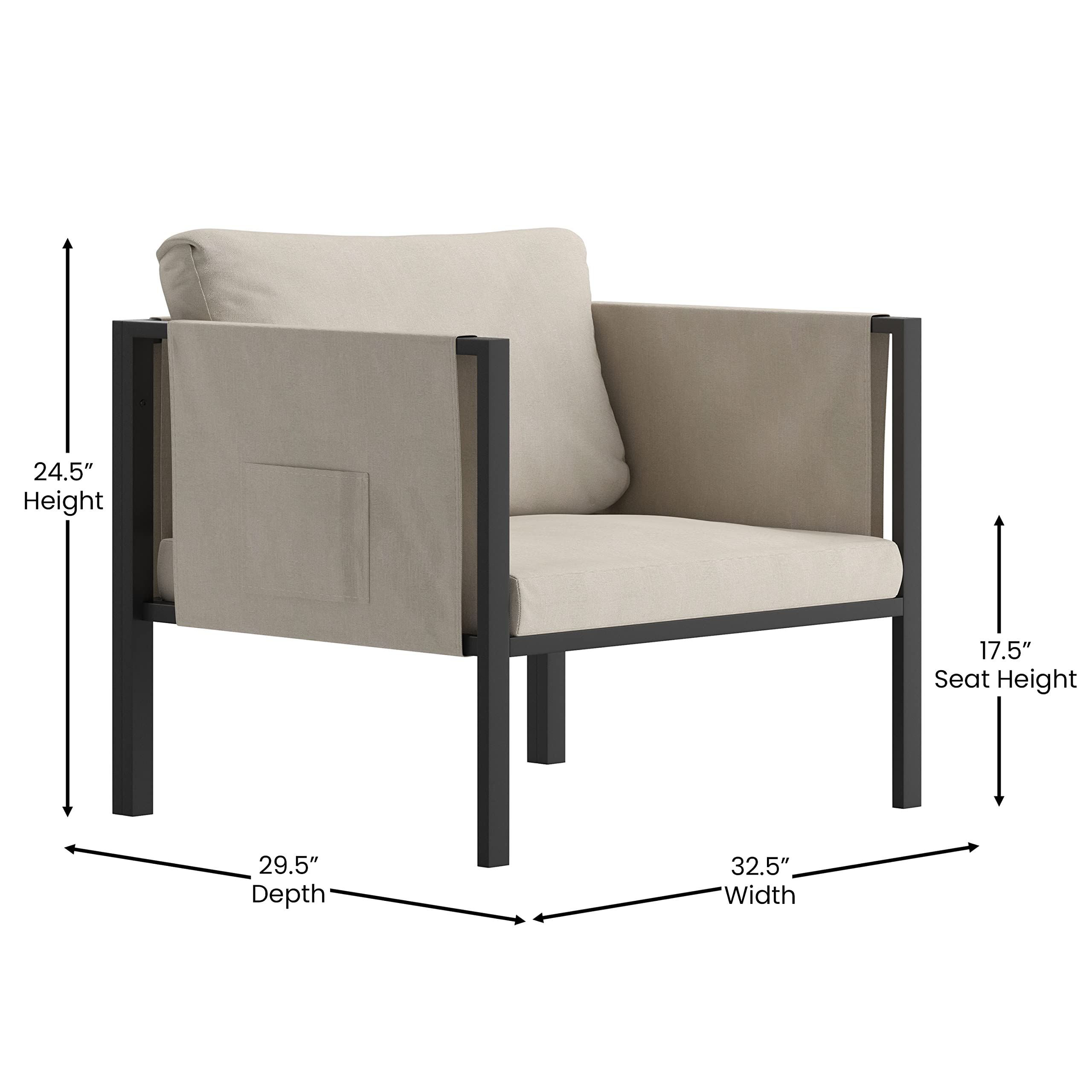 Merrick Lane Cape Cod Outdoor Patio Chair with Beige Removable Cushions - Black Steel Frame Single Seat - Perfect for Backyard, Poolside & Garden Relaxation