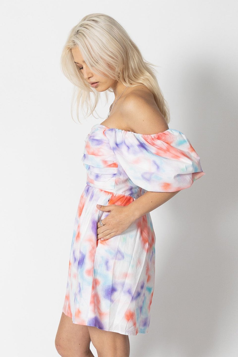 Trendy White Tie Dye Pleated Bust Puff Short Sleeve Mini Dress for Women | Summer Casual Outfit, Beach Party, Date Night