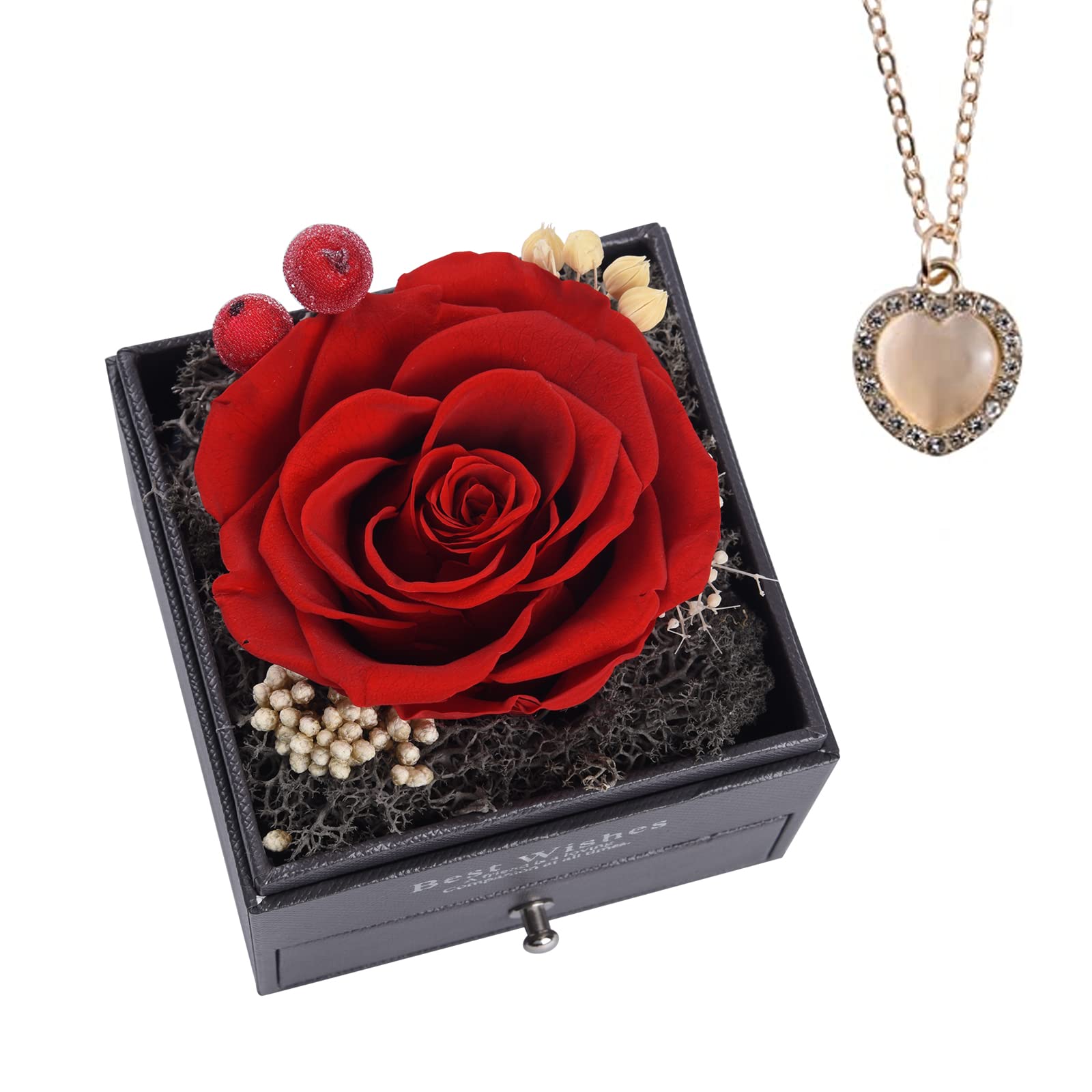 Eternal Preserved Real Rose in Heart Necklace Jewelry Box - Best Romantic Gift for Wife, Girlfriend, Women & Daughter - Valentine's Day, Anniversary, Christmas & Birthday Present - Perfect for Weddings, Proposals & Special Occasions