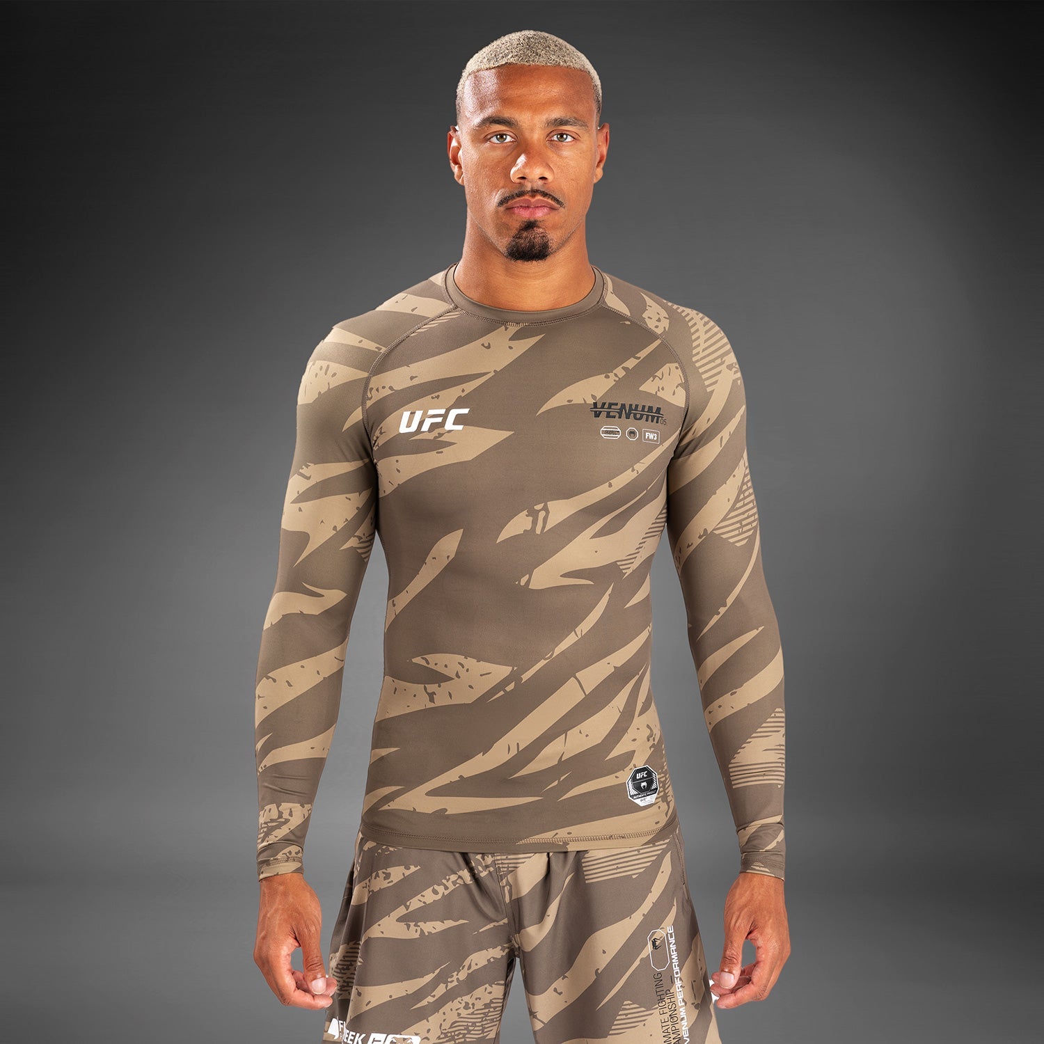 Venum UFC Adrenaline Fight Week Performance Long Sleeve Rashguard - Desert Camo MMA Training Shirt for Grappling, BJJ & Combat Sports