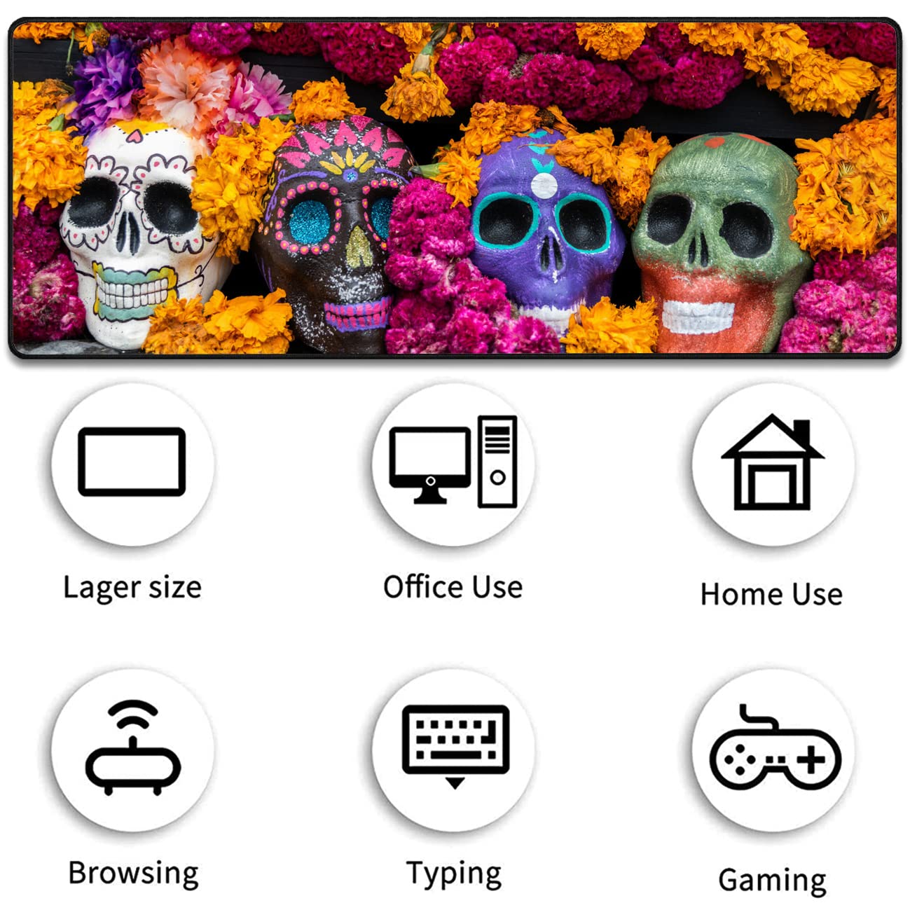 Extended Gaming Mouse Pad with Wrist Rest & Coaster - Non-Slip Rubber Base Desk Mat for Keyboard & Mouse - Perfect for PC Gaming & Office Work (Candy Skull Design) - Ideal for Esports, Streaming & Home Office Setups