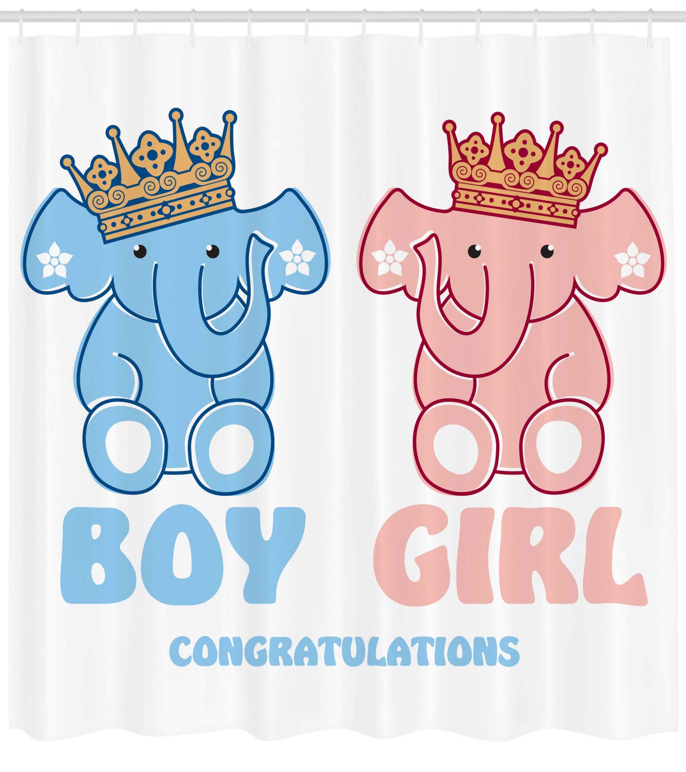 Ambesonne Gender Reveal Shower Curtain - Boy & Girl Twin Elephants with Royal Crowns, 105