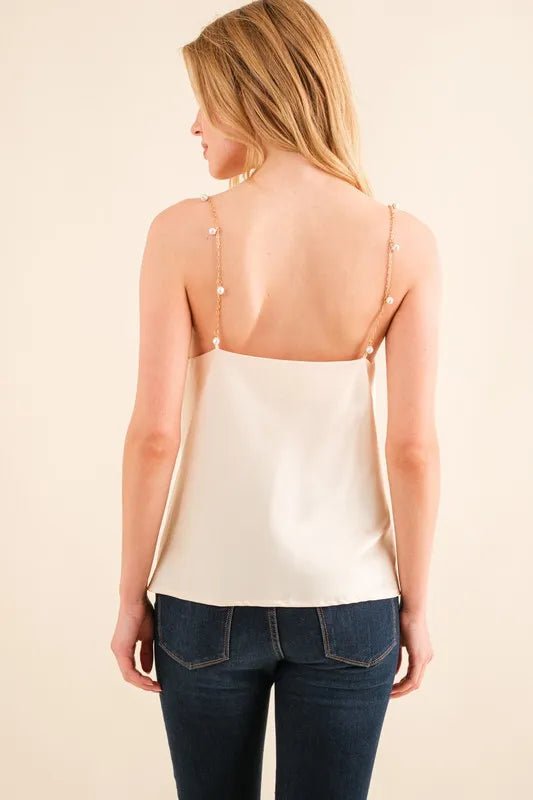 Faux Pearl Gold Chain Satin Casual Cami Top - Elegant Women's Summer Blouse for Party, Date Night & Office Wear