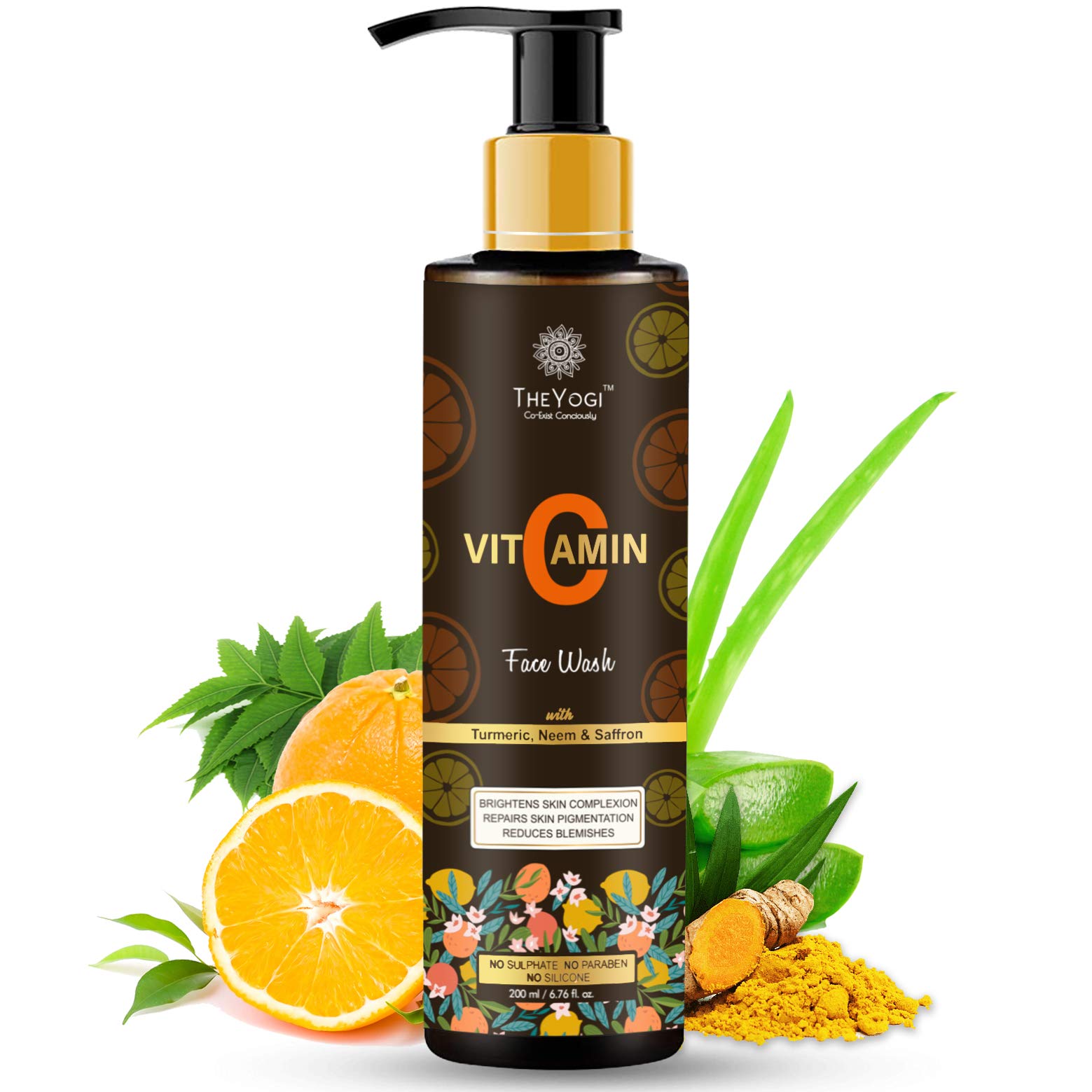Yogi Vitamin C Face Wash for Skin Illuminating & Glowing - Reduces Acne Scars with Turmeric, Neem & Kashmiri Saffron | Paraben, Sulfate & Silicone Free (200ml) | Perfect for Daily Cleansing & Brightening Dull Skin