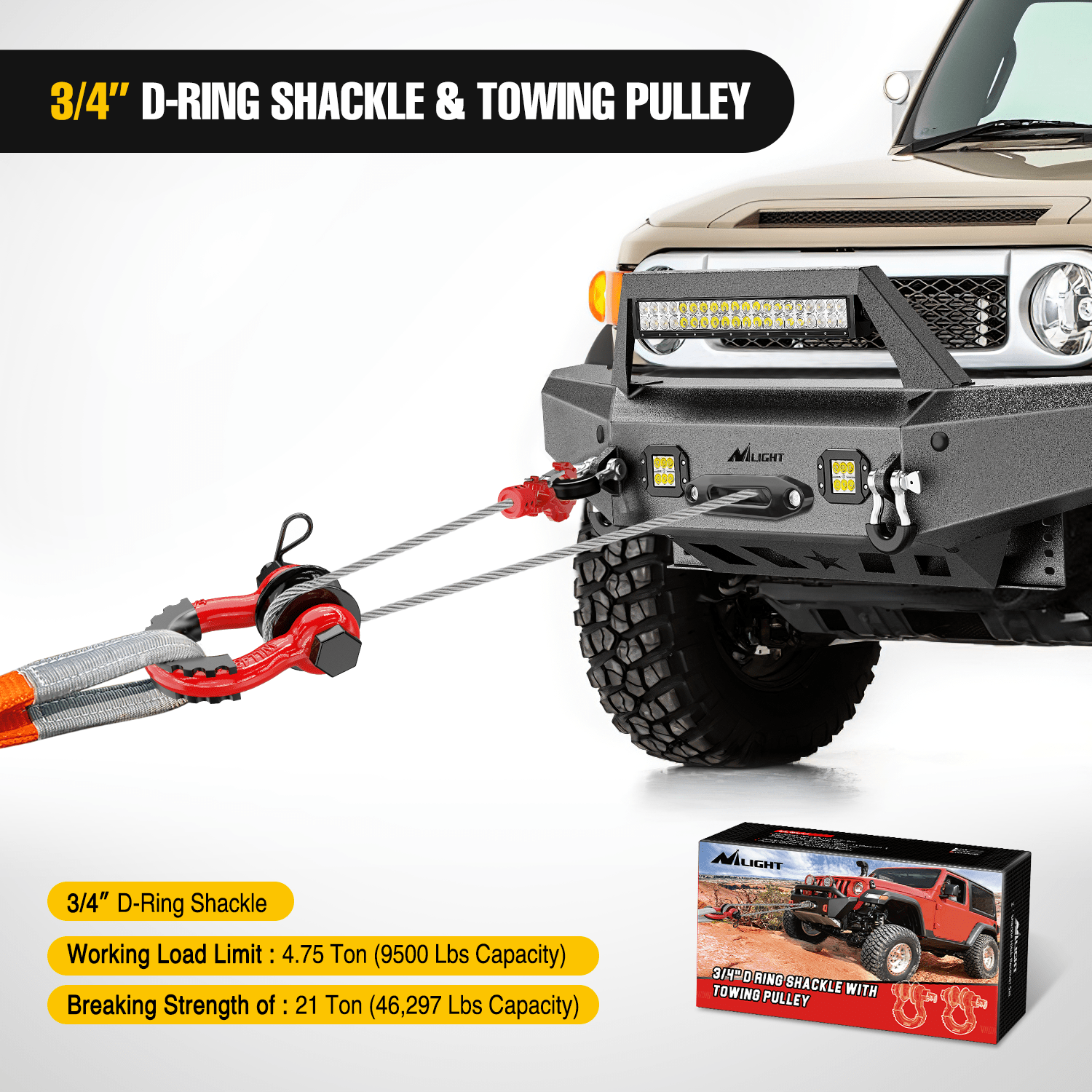3/4 Inch D Ring Shackle with Towing Pulley - Heavy Duty Red Pair for Off-Road Recovery, Winching & Trailer Towing - Perfect for Jeep, Truck & ATV Accessories
