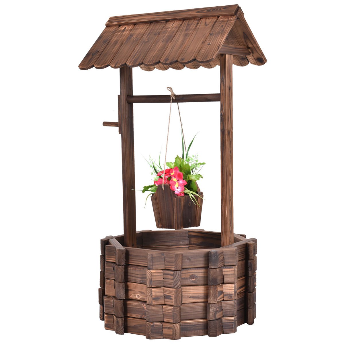 Outdoor Wooden Wishing Well Bucket Planter - Rustic Flower Pot for Garden, Patio & Home Decor - Perfect for Flowers, Plants & Outdoor Landscaping