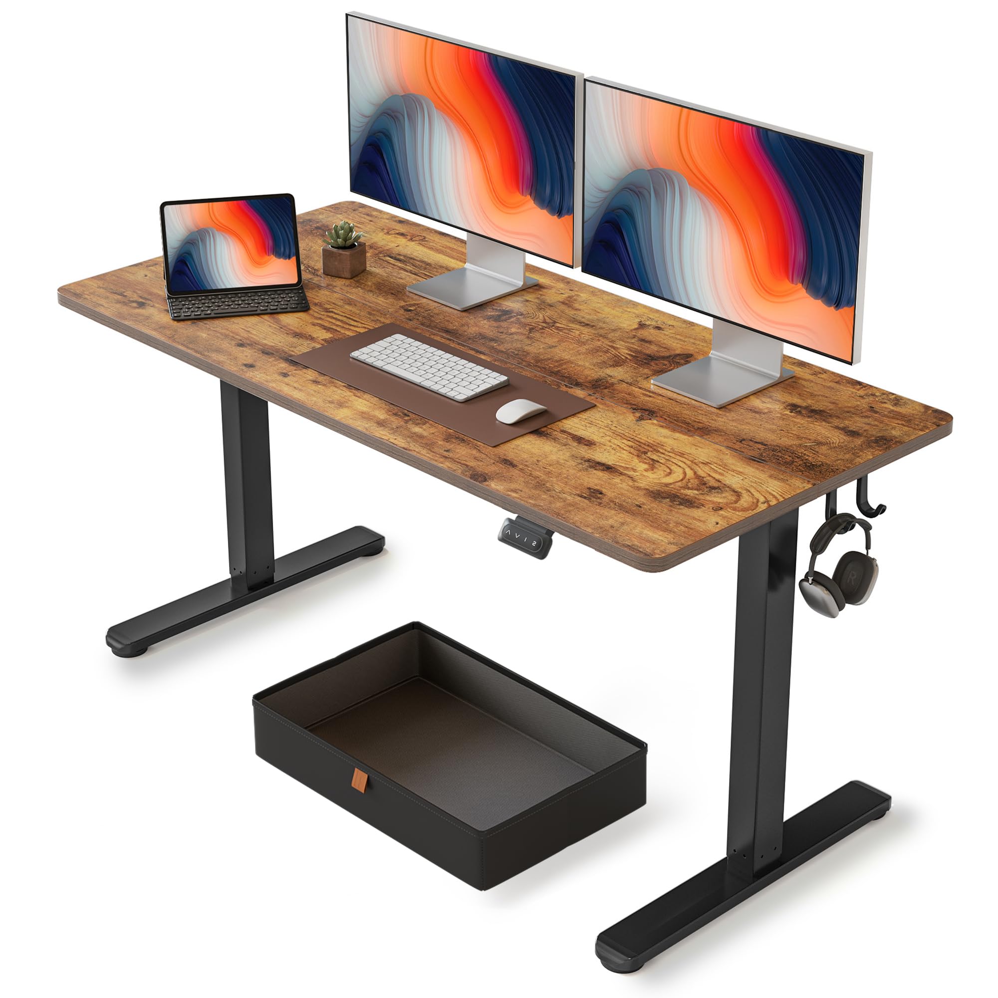 FEZIBO 63 x 24 Inches Adjustable Height Electric Standing Desk with Drawer & Storage - Ergonomic Sit Stand Home Office Computer Desk in Rustic Brown - Perfect for Remote Work, Gaming & Study Spaces