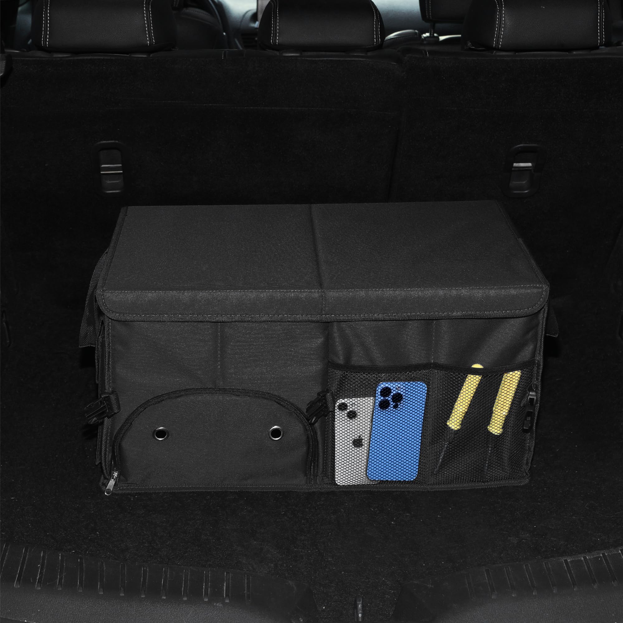 Car Trunk Organizer with Lid - Collapsible Multi-Compartment SUV Storage Organizer with Shoe Bag (Black) | Perfect for Road Trips, Grocery Shopping & Car Organization