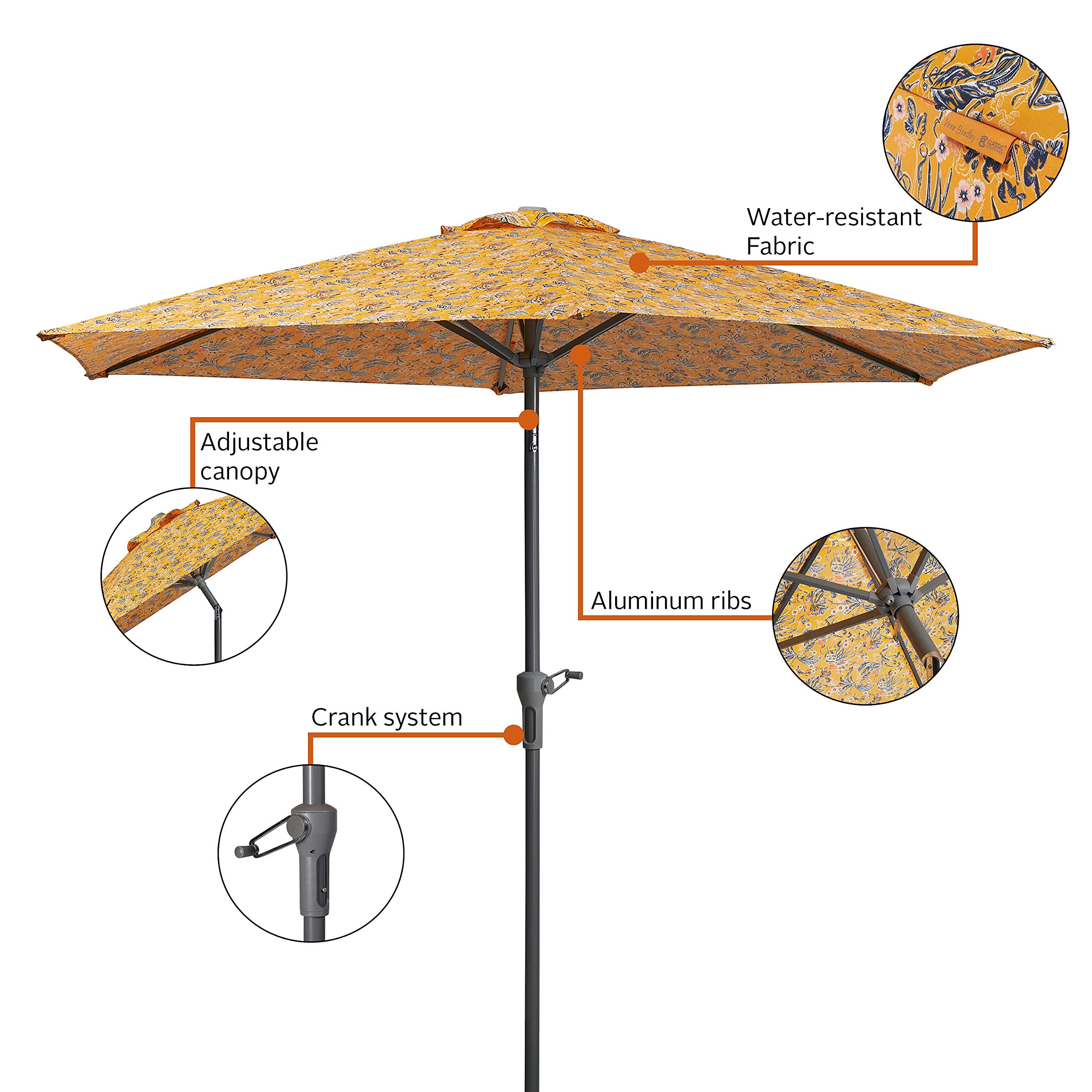 Vera Bradley by Classic Accessories 9 Foot Water-Resistant Market Umbrella - Rainforest Toile Gold Pattern - Perfect for Outdoor Events, Beach Trips & Garden Parties
