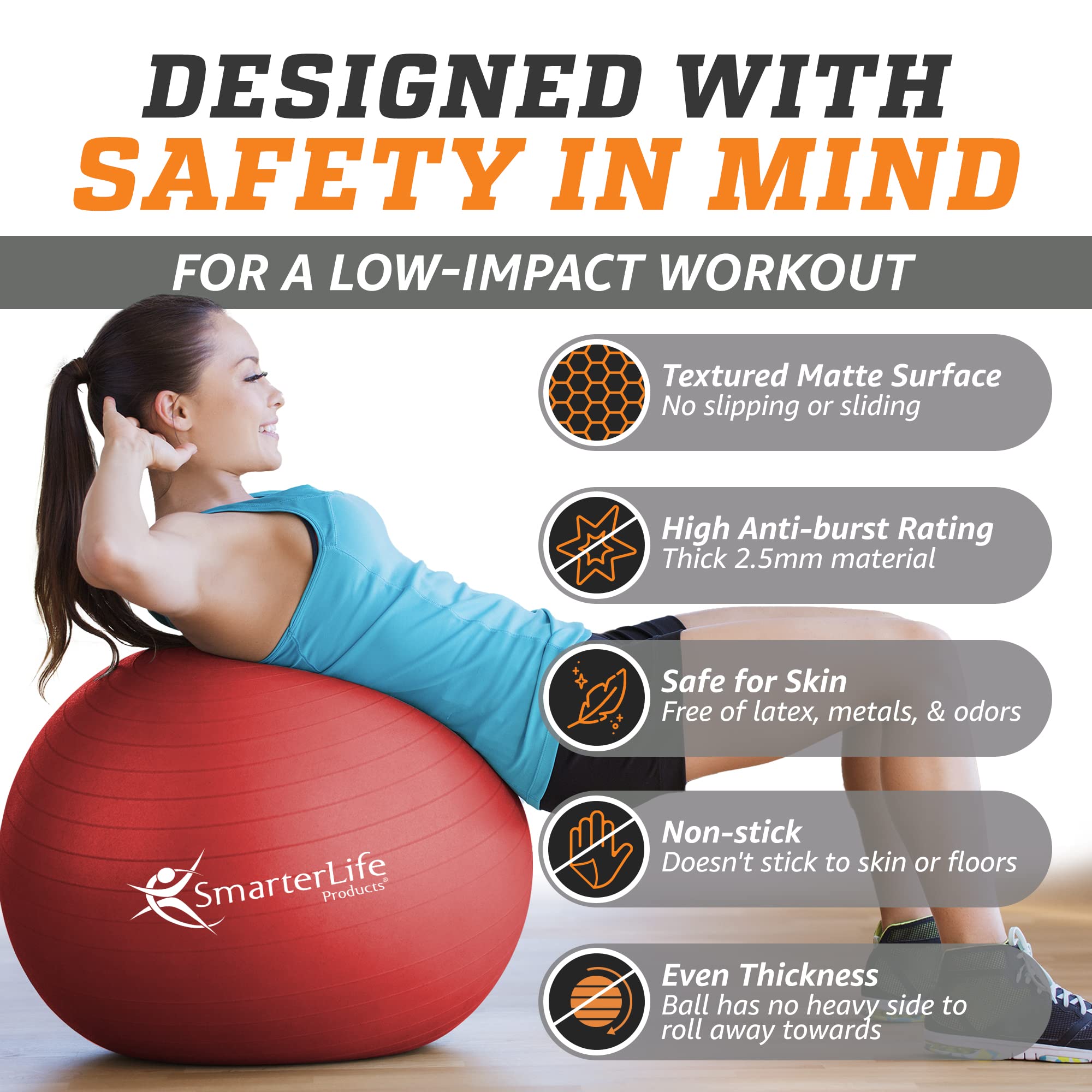 Premium Anti-Burst Exercise Ball - Yoga & Stability Ball for Core Workouts, Physical Therapy, Pregnancy Fitness & Office Chair - Non-Slip Gym Ball for Home, Gym & Office Use