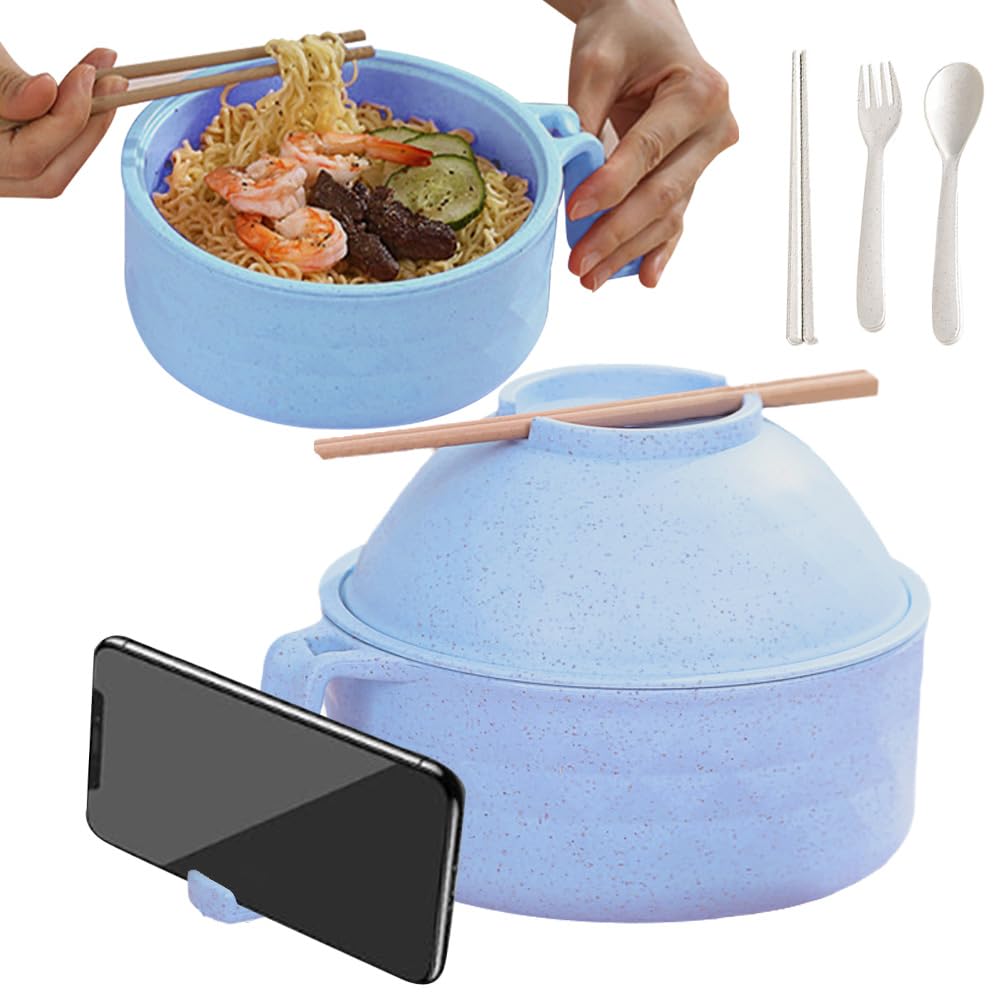 2025 Microwave Ramen Bowl with Strainer & Lid - Portable Noodle Bowl Set with Chopsticks, Spoon & Fork - BPA-Free, Microwavable & Durable (Blue) - Perfect for Office Lunches, College Dorms & Quick Meals at Home