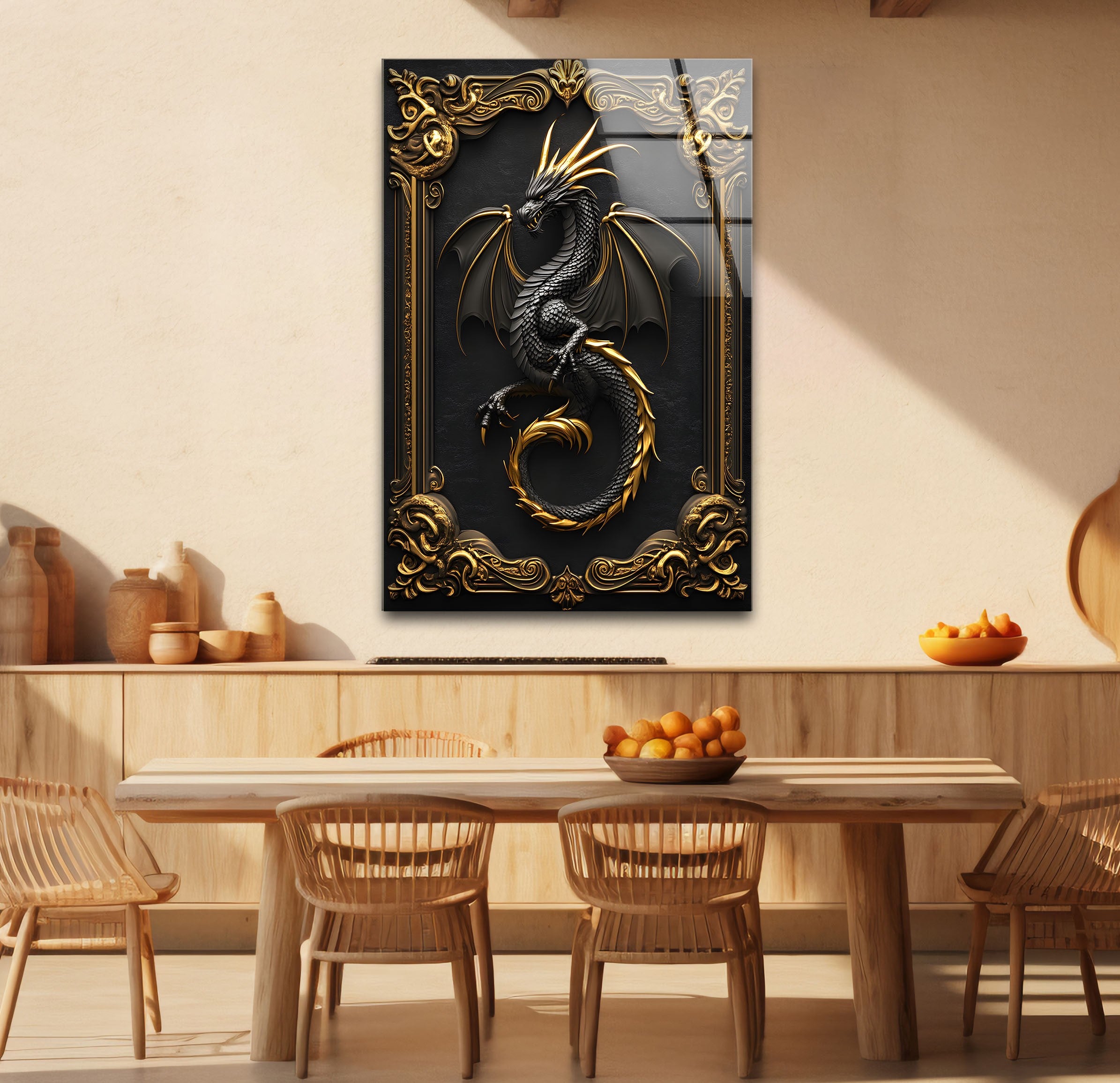 Black and Gold Dragon Fantasy Glass Wall Art - Majestic Home Decor for Living Room, Bedroom & Office