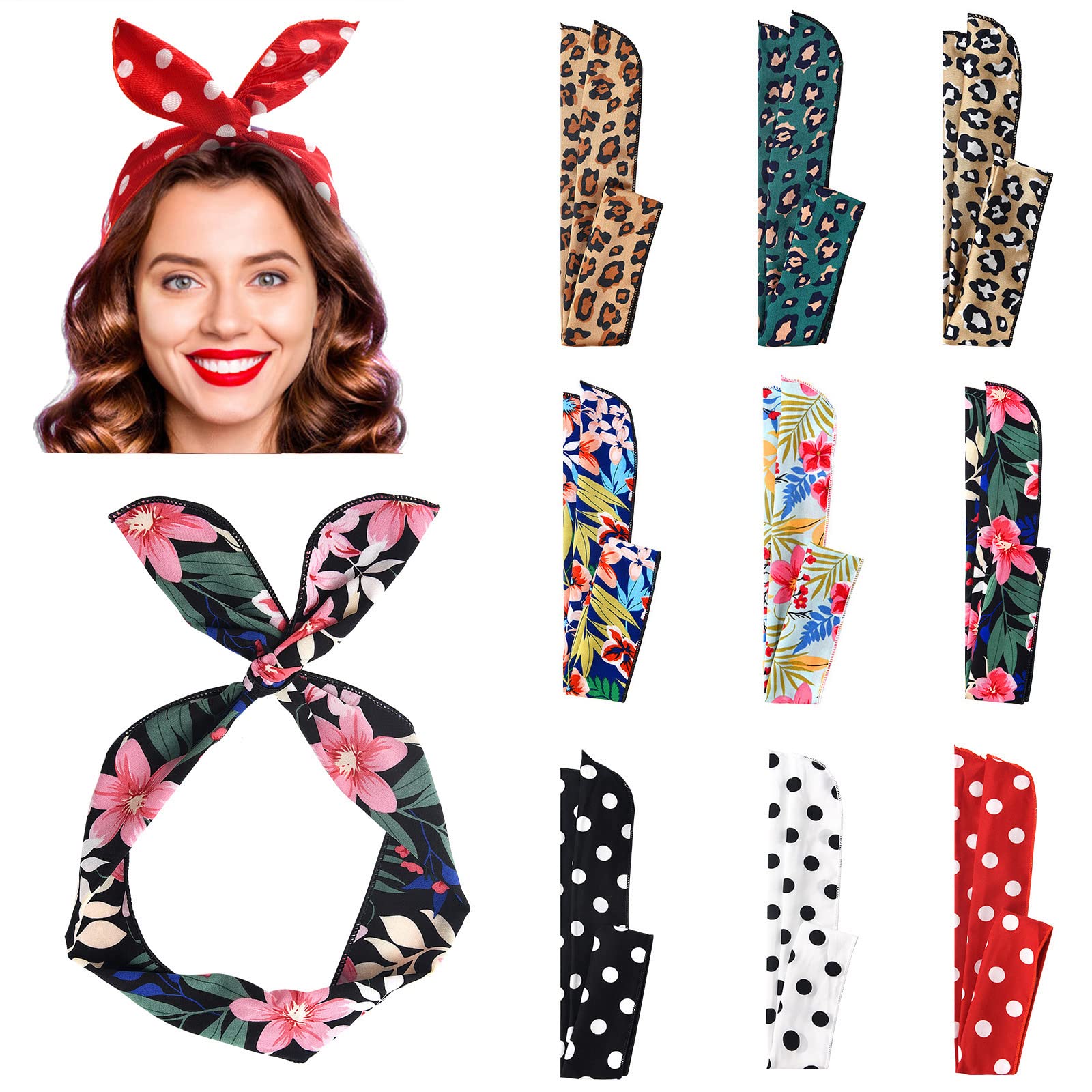 Yeshan Women's Wired Headbands - Twist Bow Hair Accessories with Polka Dot, Leopard & Floral Prints - Pack of 9 Hair Ties, Scarves & Rabbit Ear Headbands for Women & Girls - Perfect for Parties, Workouts & Everyday Fashion