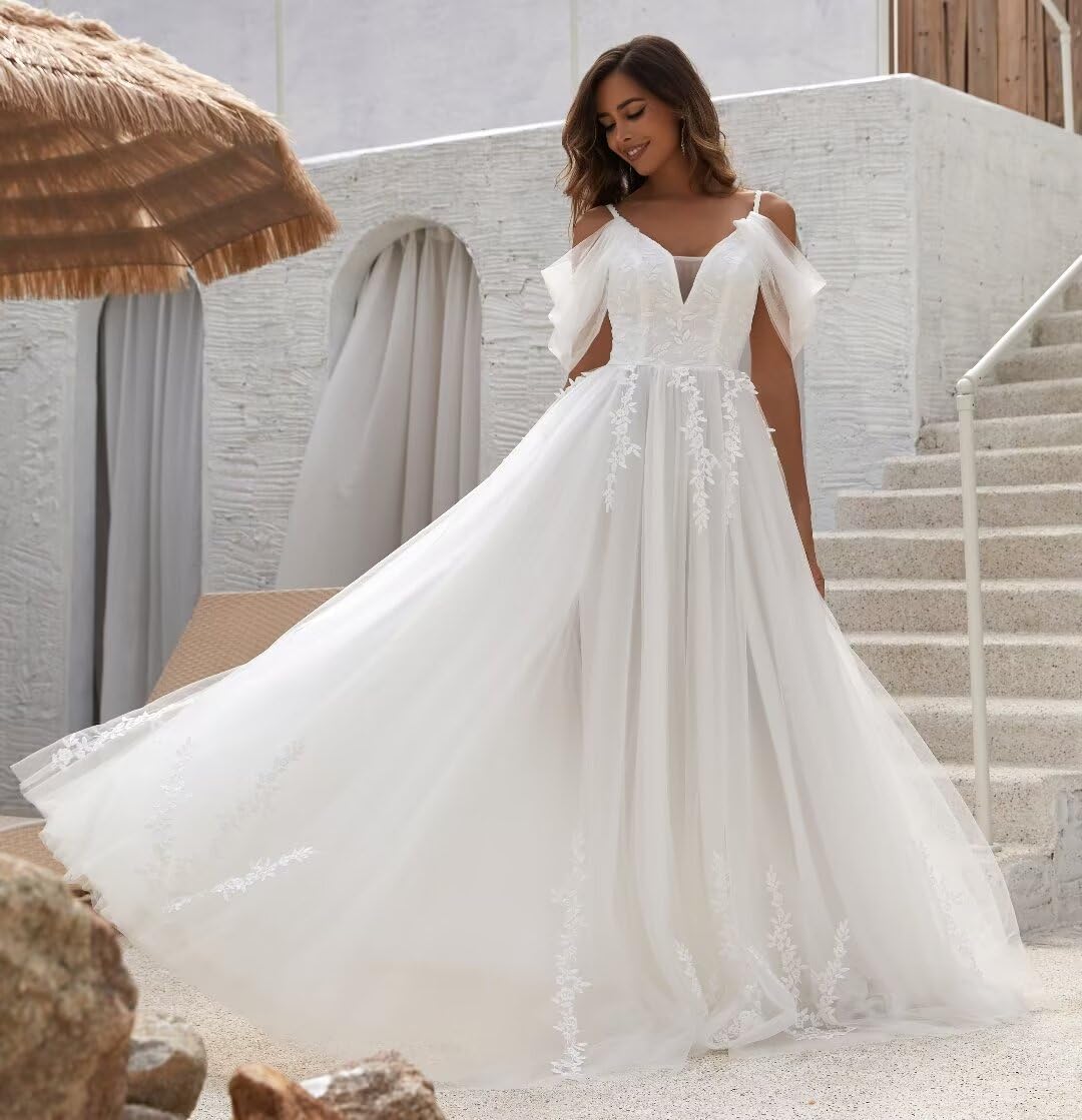 YMFFW Boho Wedding Dresses 2024 | A-Line Tulle Lace Bridal Gowns for Beach & Outdoor Weddings | Plus Size Bride Dresses | Perfect for Boho, Beach & Destination Weddings