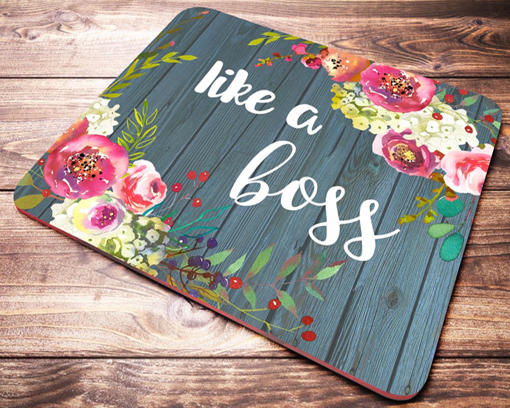 Like A Boss Floral Watercolor Quote Mouse Pad - Inspirational Office Desk Accessory for Women, Coworker Gifts, Non-Slip Rubber Base - Perfect for Home Office, Workstation & Computer Setup