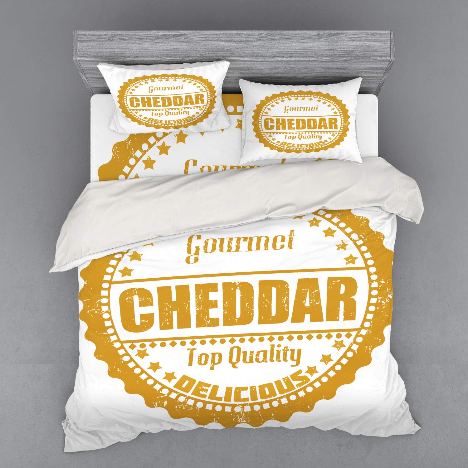 Ambesonne Cheese Duvet Cover Set - 4 Piece King Size Bedding with Shams & Fitted Sheet - Yellow White Cheddar Graphic Design - Perfect for Cheese Lovers' Bedroom Decor & Themed Parties