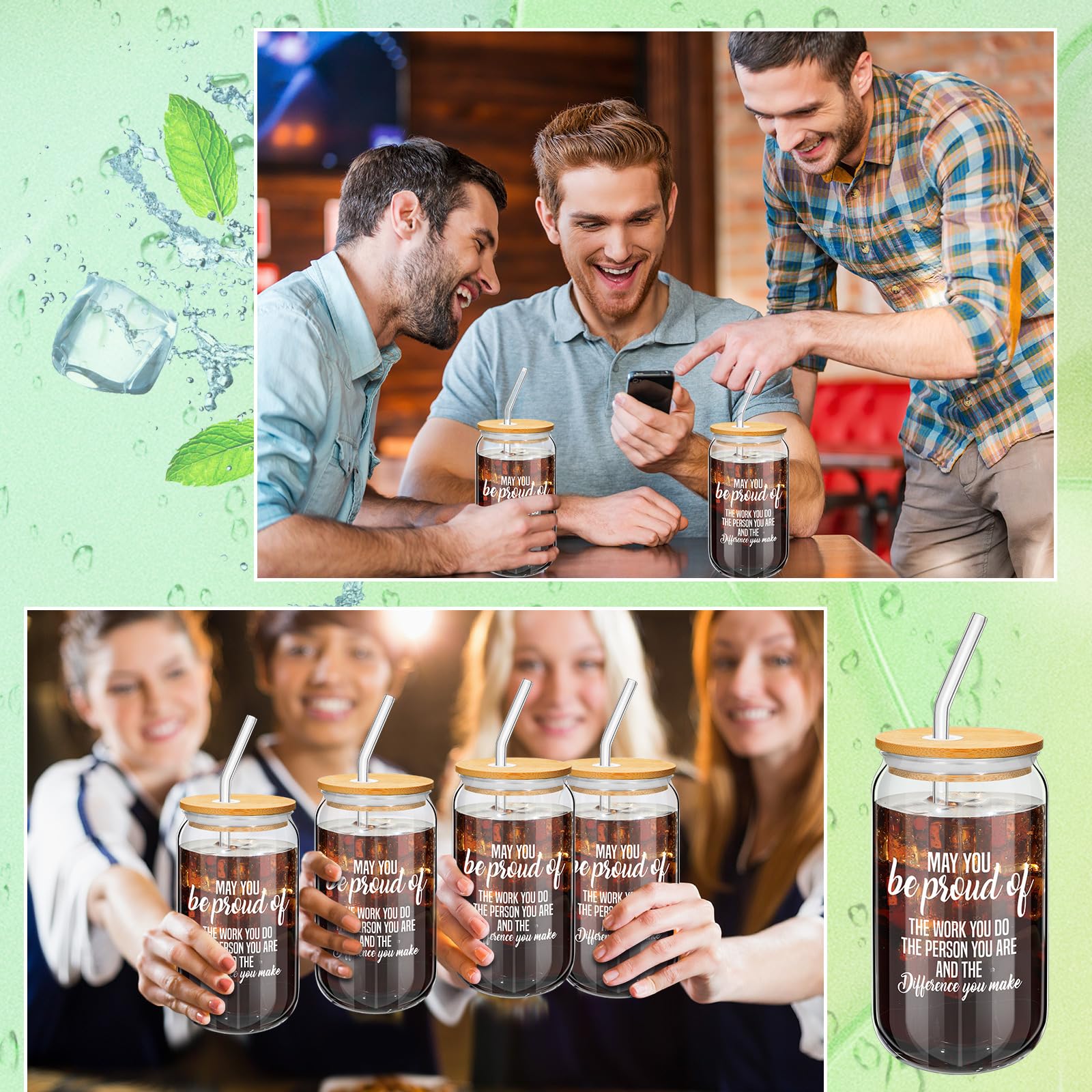 24 Pack 16oz Inspirational Glass Cups with Bamboo Lids & Straws - Bulk Thank You Gifts for Employees, Coworkers, Birthday, Christmas, Thanksgiving - Perfect for Office Appreciation, Parties, and Daily Motivational Drinking