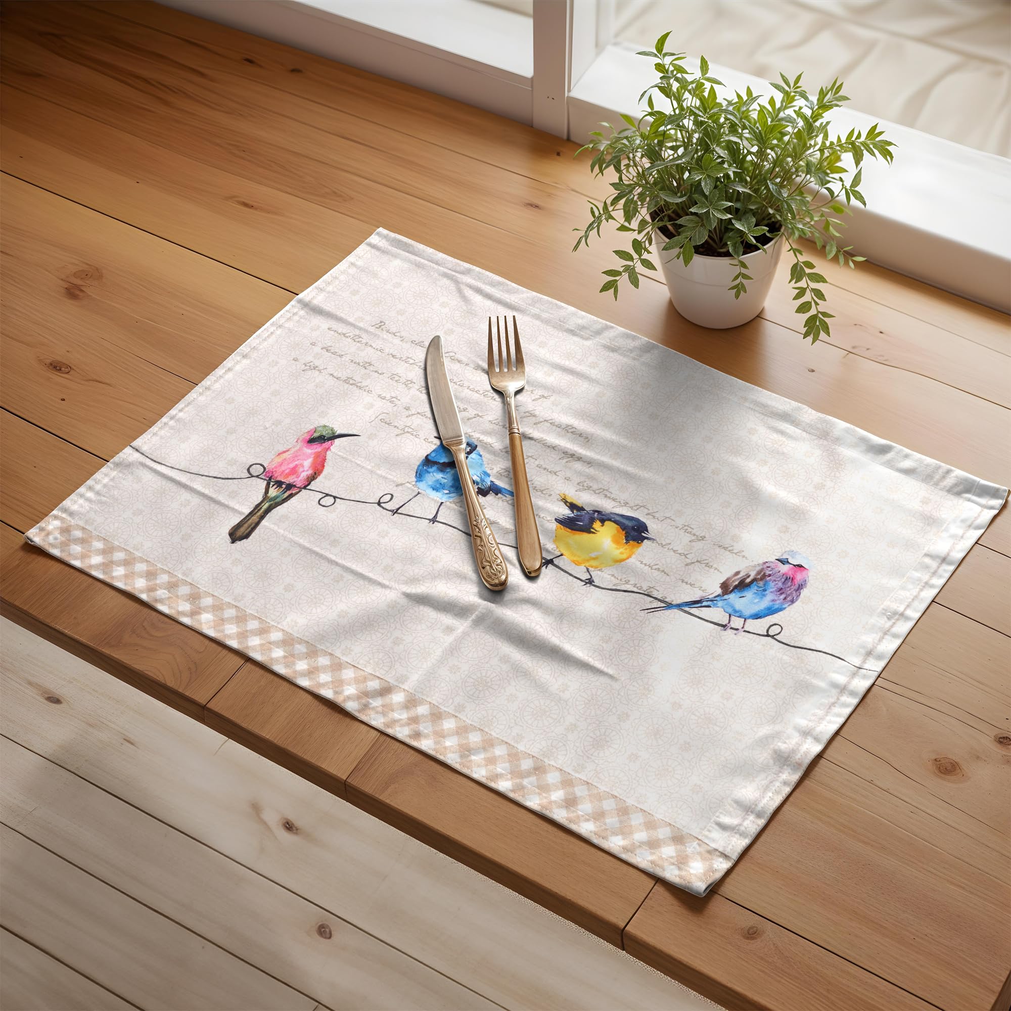 Hermine Cotton Placemats Set of 4 - 100% Washable Cloth Table Mats for Kitchen, Dining, Wedding & Restaurant - Easter & Spring Summer Decor (Bird on Wire Design, 13x19 Inch) - Perfect for Holiday Dinners, Buffet Parties & Home Decor