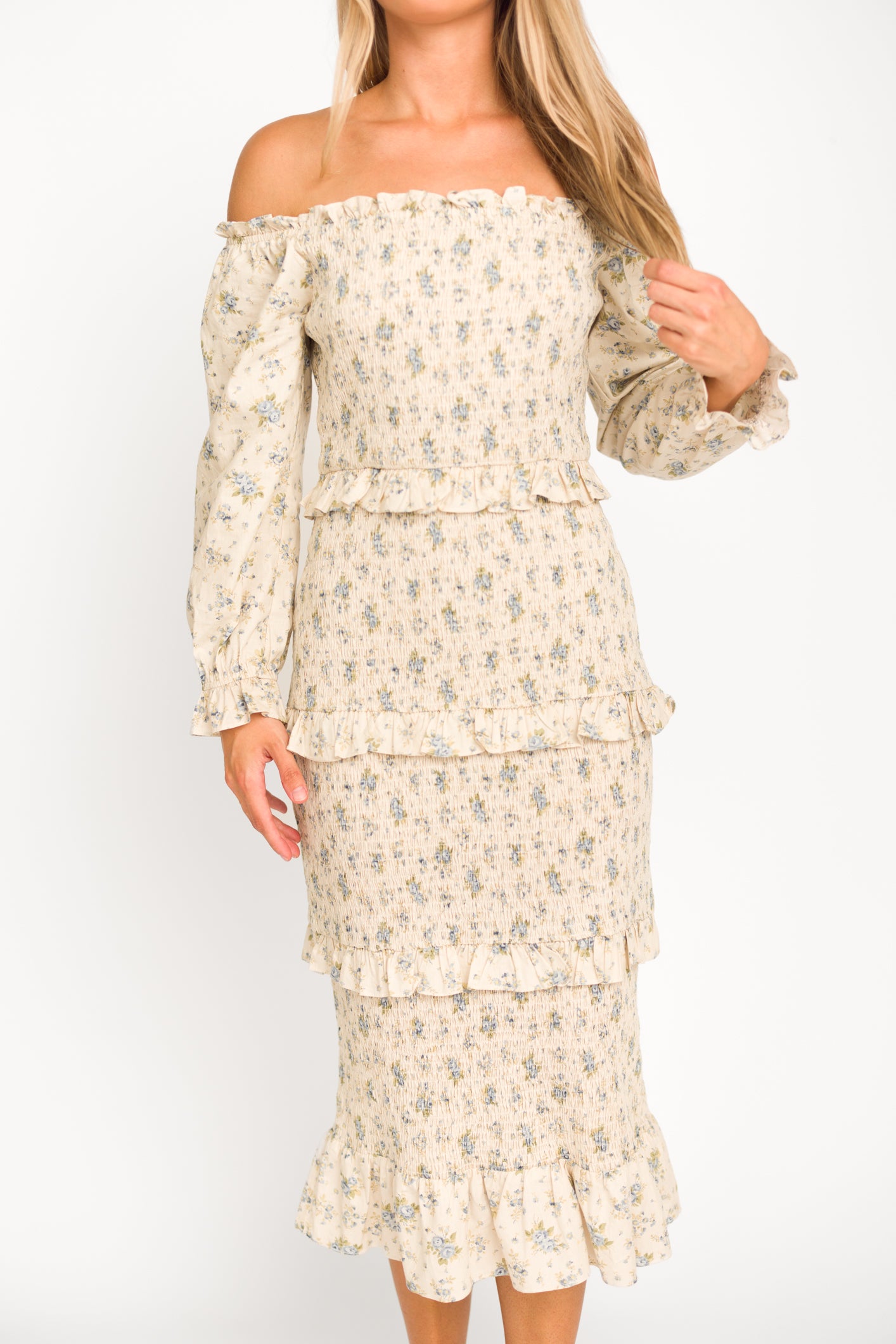 Lila Floral Printed Smocked Midi Dress in Blue - Bump Friendly Maternity Dress for Pregnancy, Nursing & Postpartum | Perfect for Baby Showers, Brunch Dates & Summer Outfits