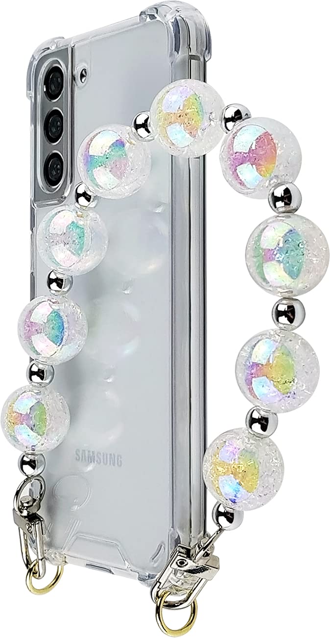 Qoosan Bling Beads Wrist Strap Cover for Samsung Galaxy S21 Plus Case - Iced White Rhinestone Phone Accessory for Women | Perfect for Parties, Gifts & Everyday Glam