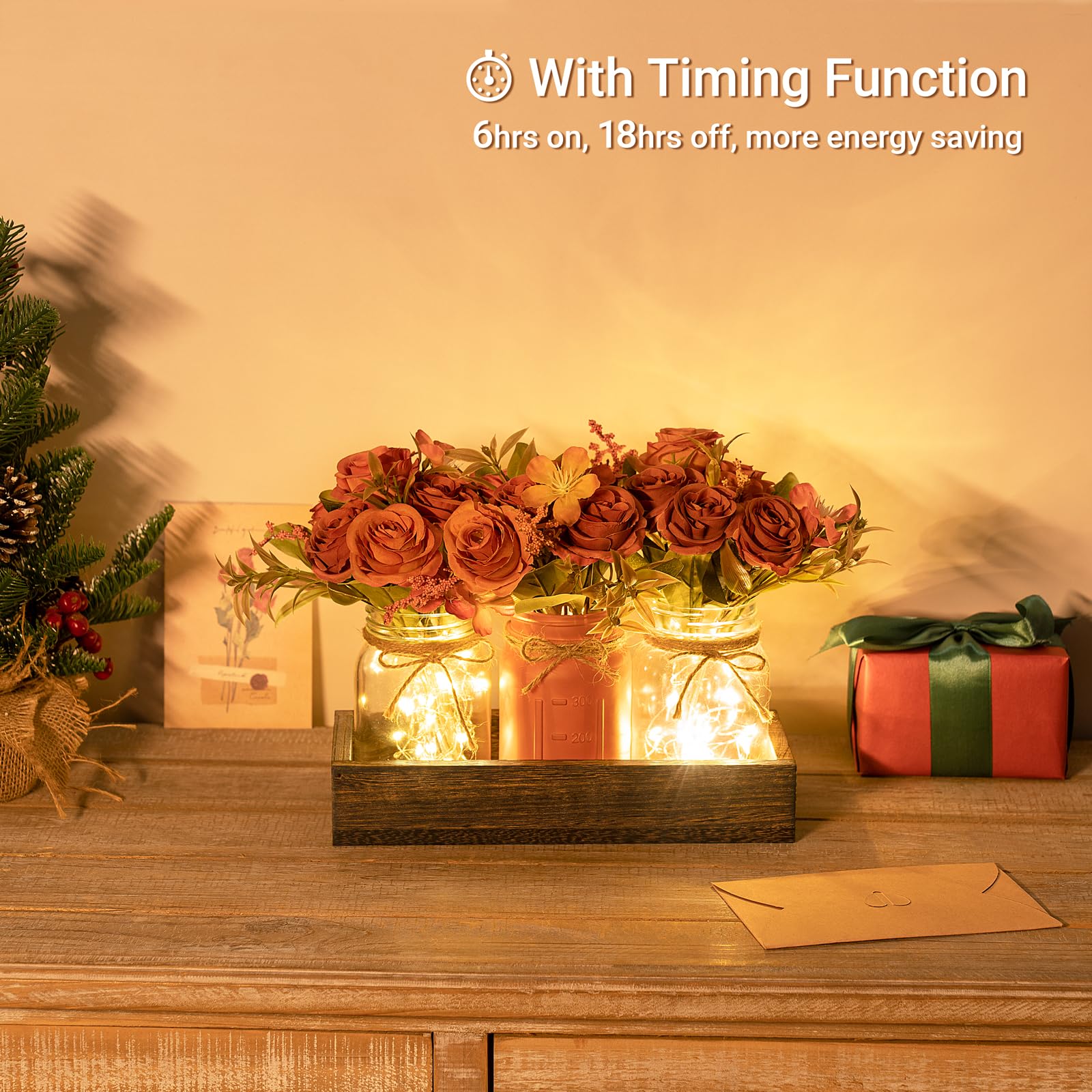 Mkono Mason Jar Lights - 3 Pack Farmhouse Table Decor with Flowers, Orange Glass Centerpiece for Dining Room, Kitchen, Living Room | Perfect for Spring Decor, Wedding, Party, and Rustic Home Decorations