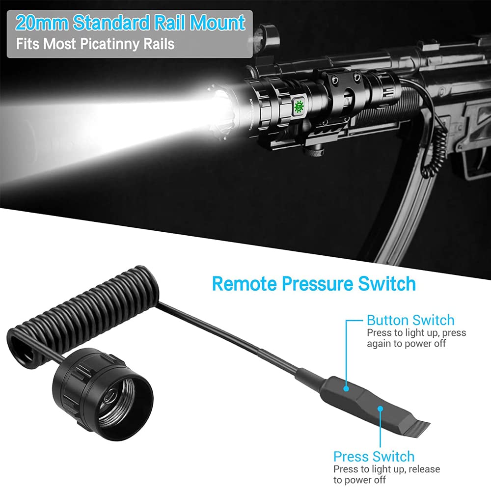 Rechargeable 100000 Lumen Tactical Flashlight with Rail Mount - Super Bright LED Weapon Light, 5 Modes, Waterproof, Includes Pressure Switch - Perfect for Hunting, Camping & Outdoor Adventures