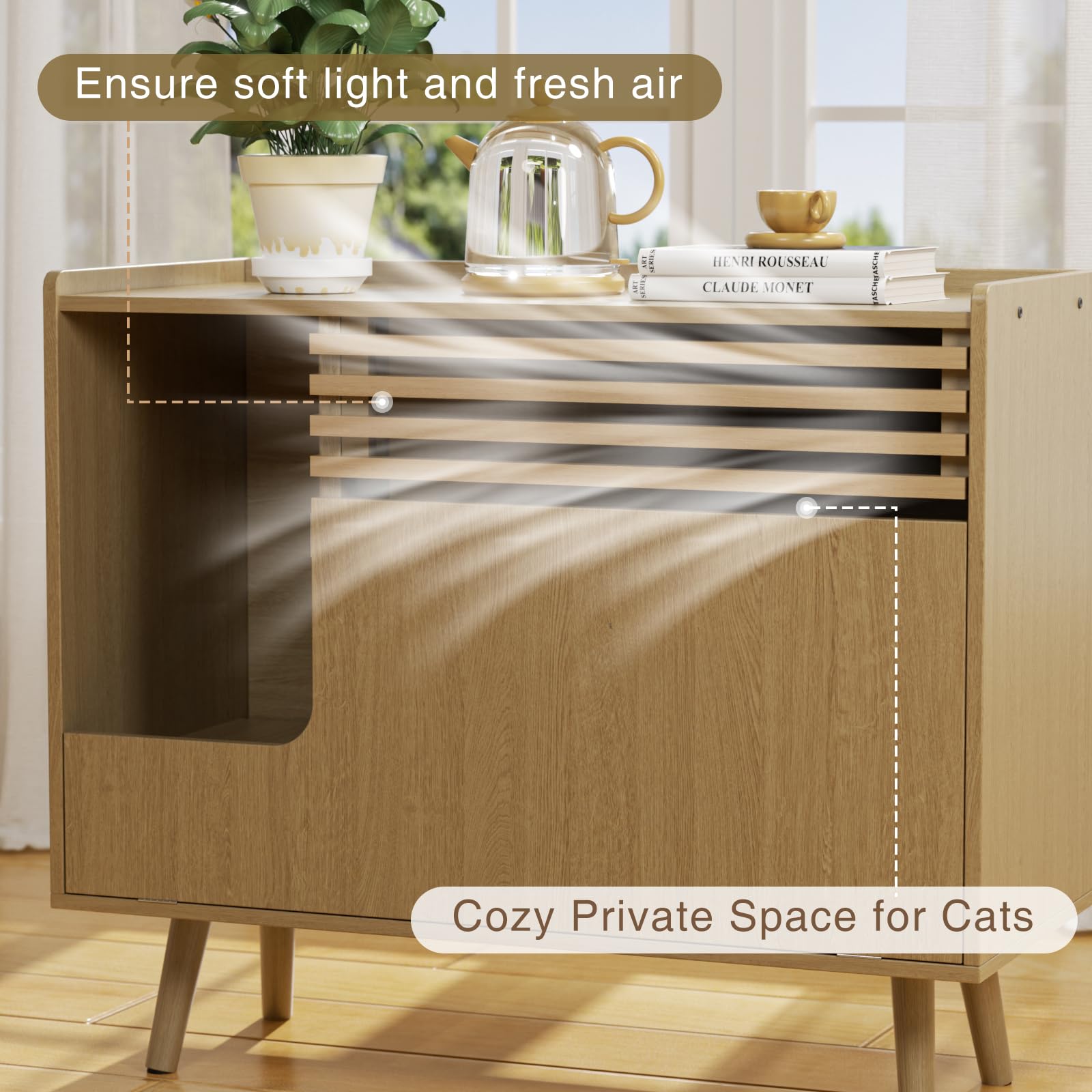 Mid-Century Modern Cat Litter Box Enclosure Furniture - Hidden Litter Box Cabinet with Scratch Pad & Flip-Down Door, Natural Wood End Table for Living Room | Pet Washroom Solution for Home Decor