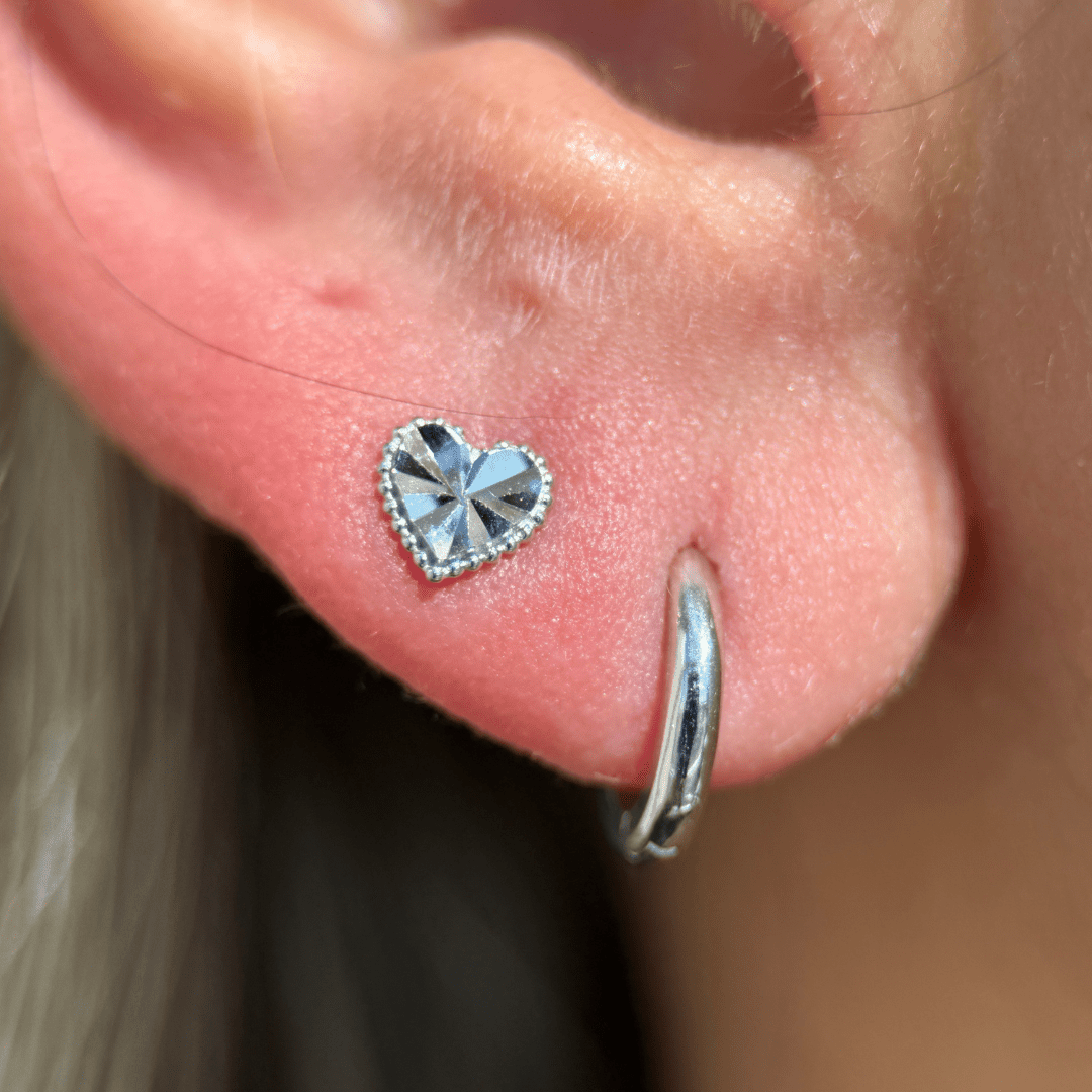 14K White Gold Diamond-Cut Heart Stud Earrings - Flat Back for Secure Fit | Perfect for Valentine's Day, Anniversary Gifts & Everyday Elegance