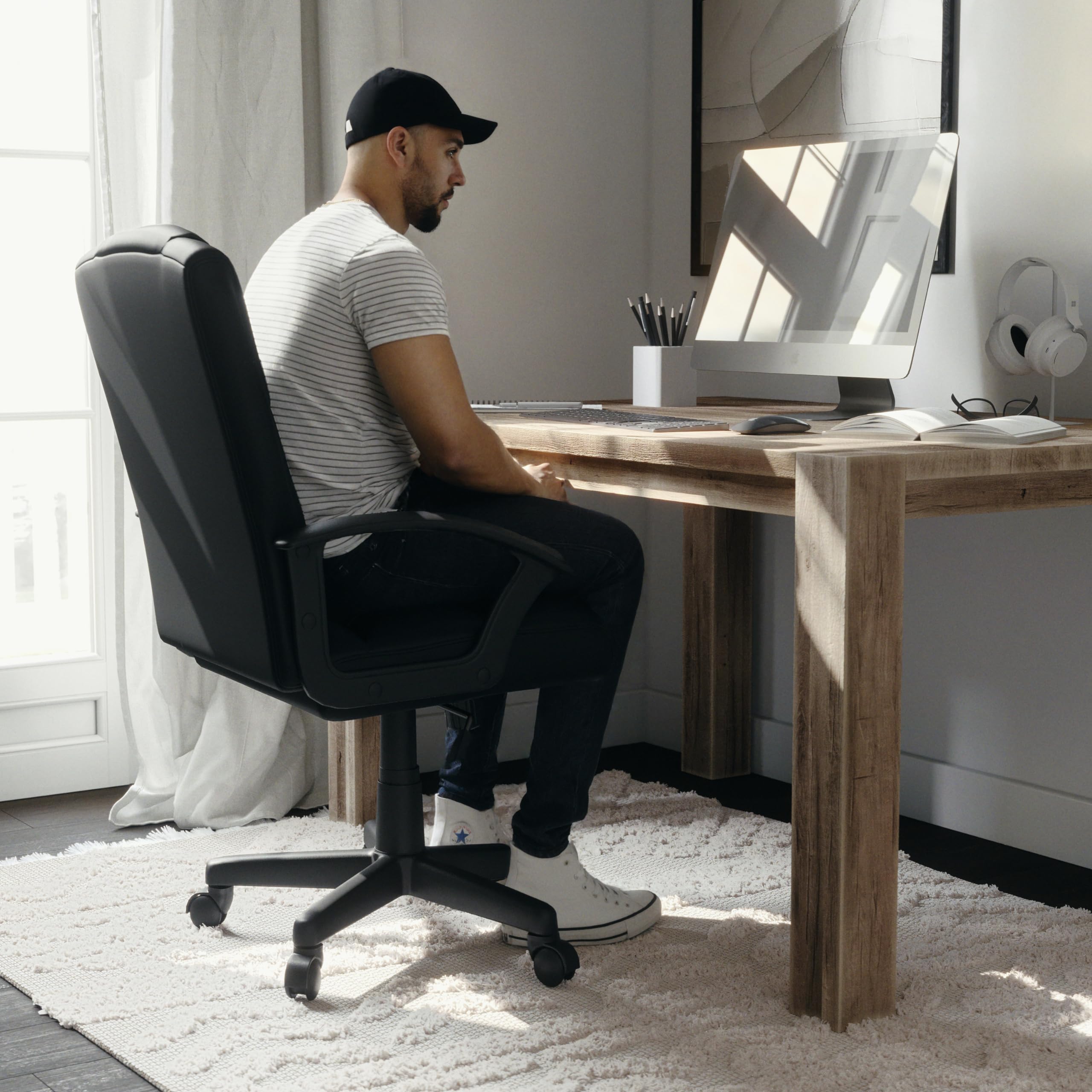 Flash Furniture Coffman Ergonomic Mid-Back Office & Gaming Chair - Black LeatherSoft with Padded Seat & Arms - Perfect for Home Office, Gaming Setup & Workspace Comfort