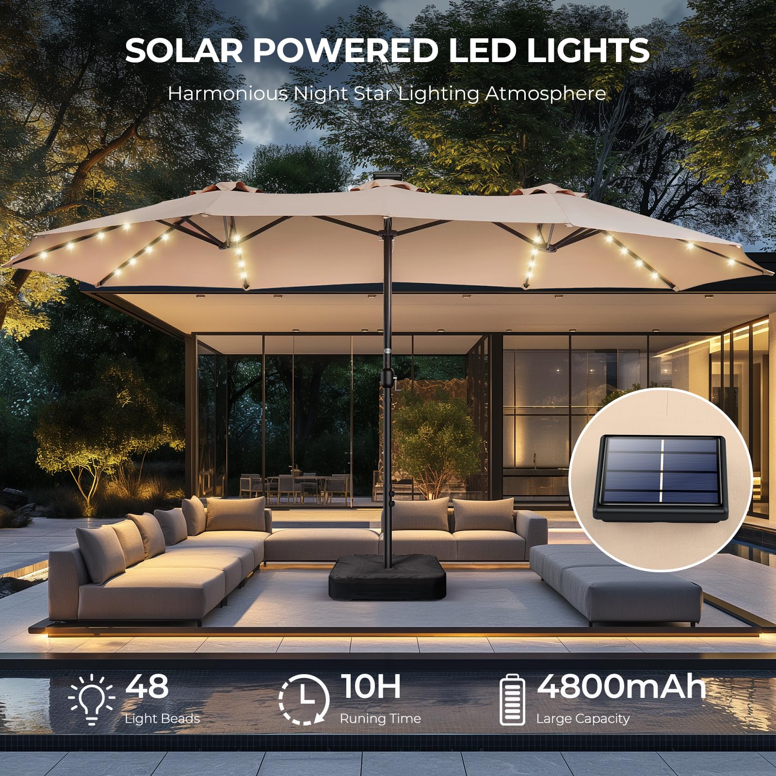 15ft Solar LED Double Sided Patio Umbrella with Base - Extra Large Outdoor Market Table Umbrella for Deck, Pool, Backyard - Perfect for Outdoor Dining, Lounging, and Entertaining (Beige)