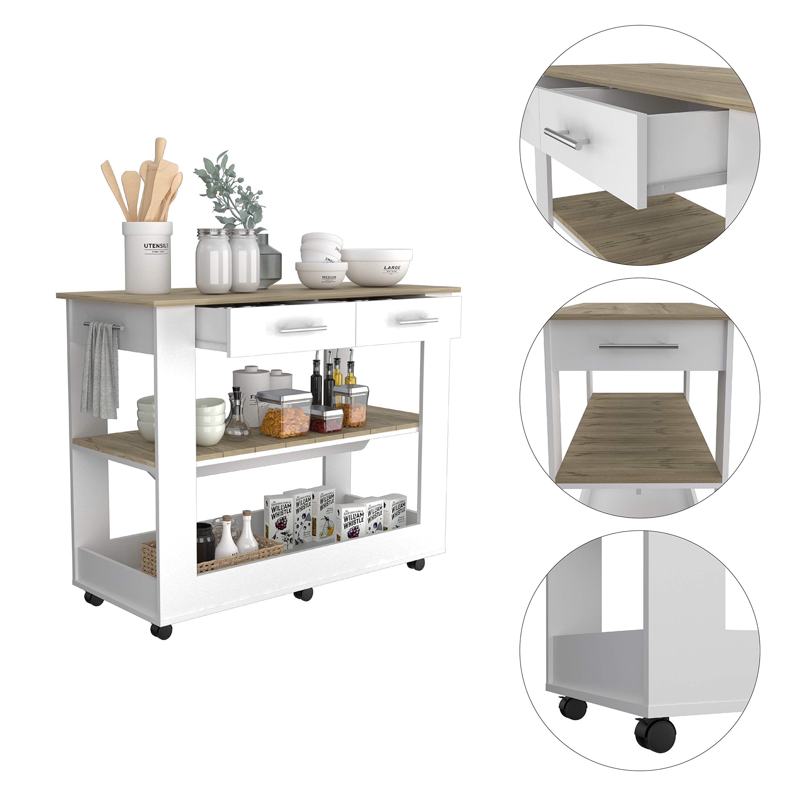 80-Inch Light Oak Kitchen Island with Shelves & Drawers - Rustic Brooklyn Style for Modern Farmhouse, Open Concept & Small Space Kitchens