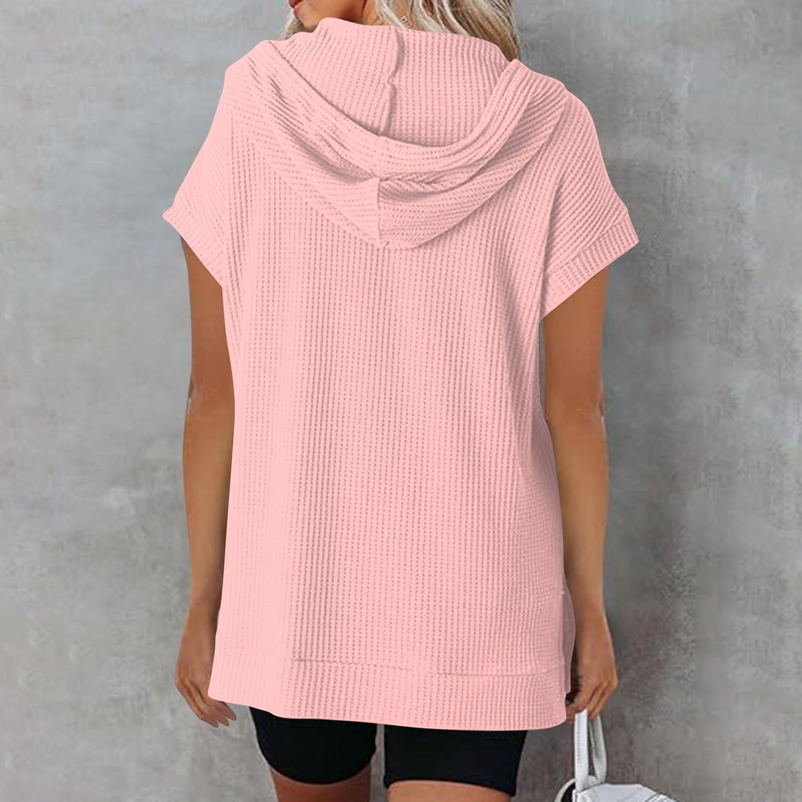 Women's Summer Waffle Knit Tunic Top - Casual Short Sleeve Oversized Shirt with Pockets for Leggings | Crewneck Hoodie Style | Perfect for Yoga, Lounge & Everyday Wear