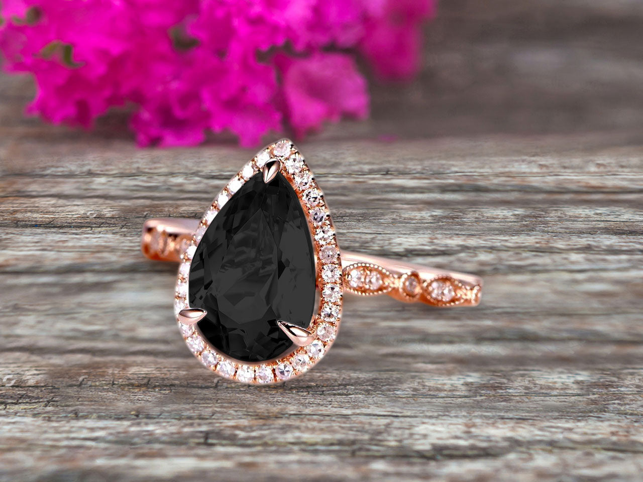 1.50 Carat Pear Shape Black Diamond Moissanite Engagement Ring - Art Deco Wedding Ring in 10k Rose Gold with Halo & Milgrain Design - Perfect for Proposals, Anniversaries & Bridal Jewelry
