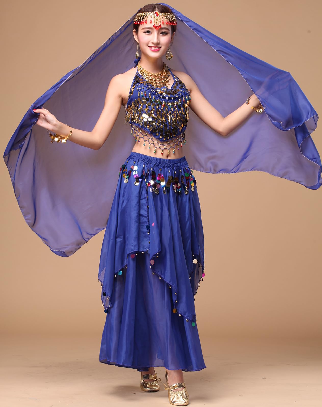 Women's Belly Dance Costume - Sparkling Sequin Crop Top with Flowy Chiffon Skirt for Halloween, Party & Performance | Perfect for Dance Shows, Cosplay & Festive Events