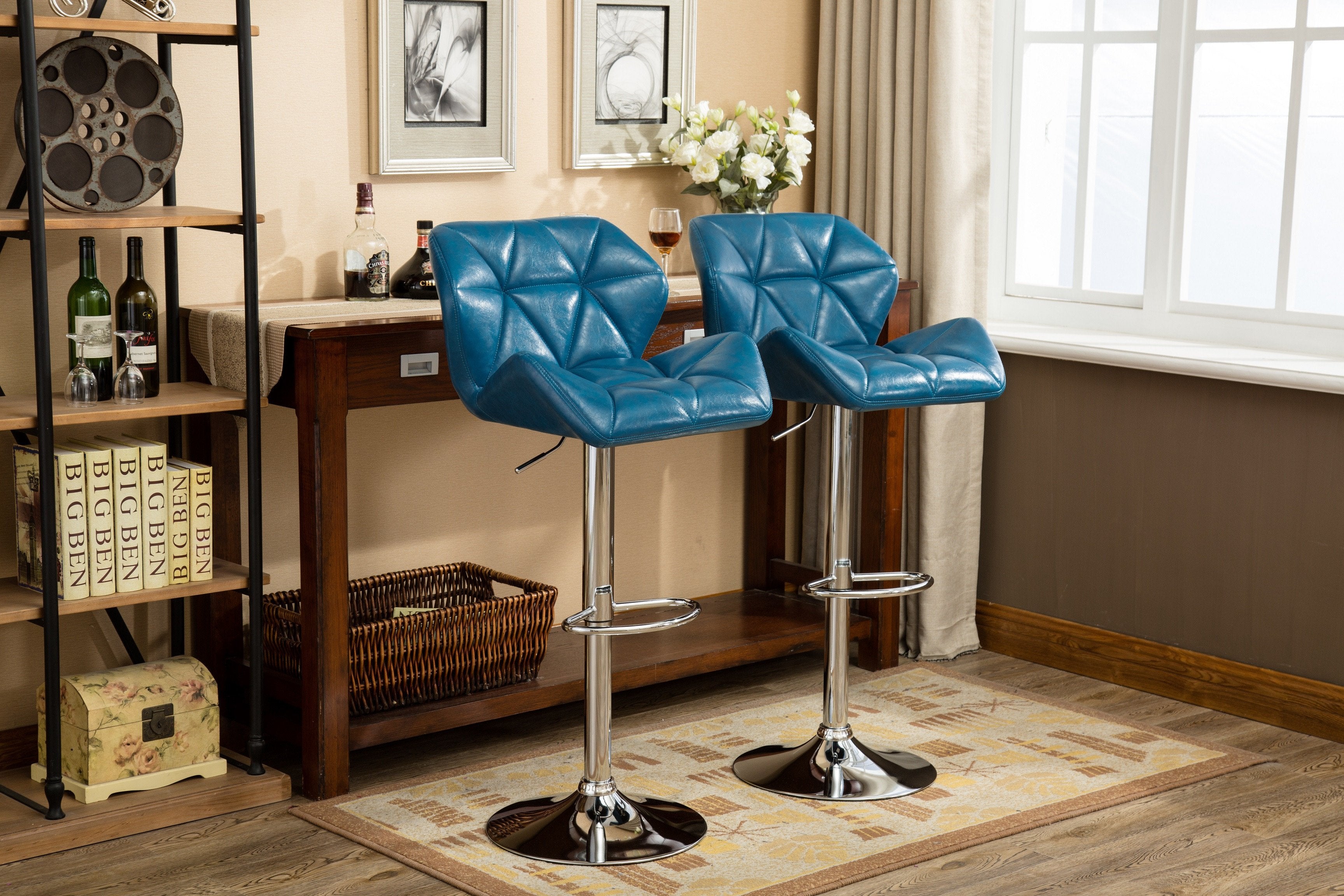 Roundhill Furniture Glasgow Contemporary Tufted Adjustable Height Hydraulic Bar Stools, Blue, Set of 2 - Perfect for Kitchen Islands, Home Bars & Modern Dining Areas