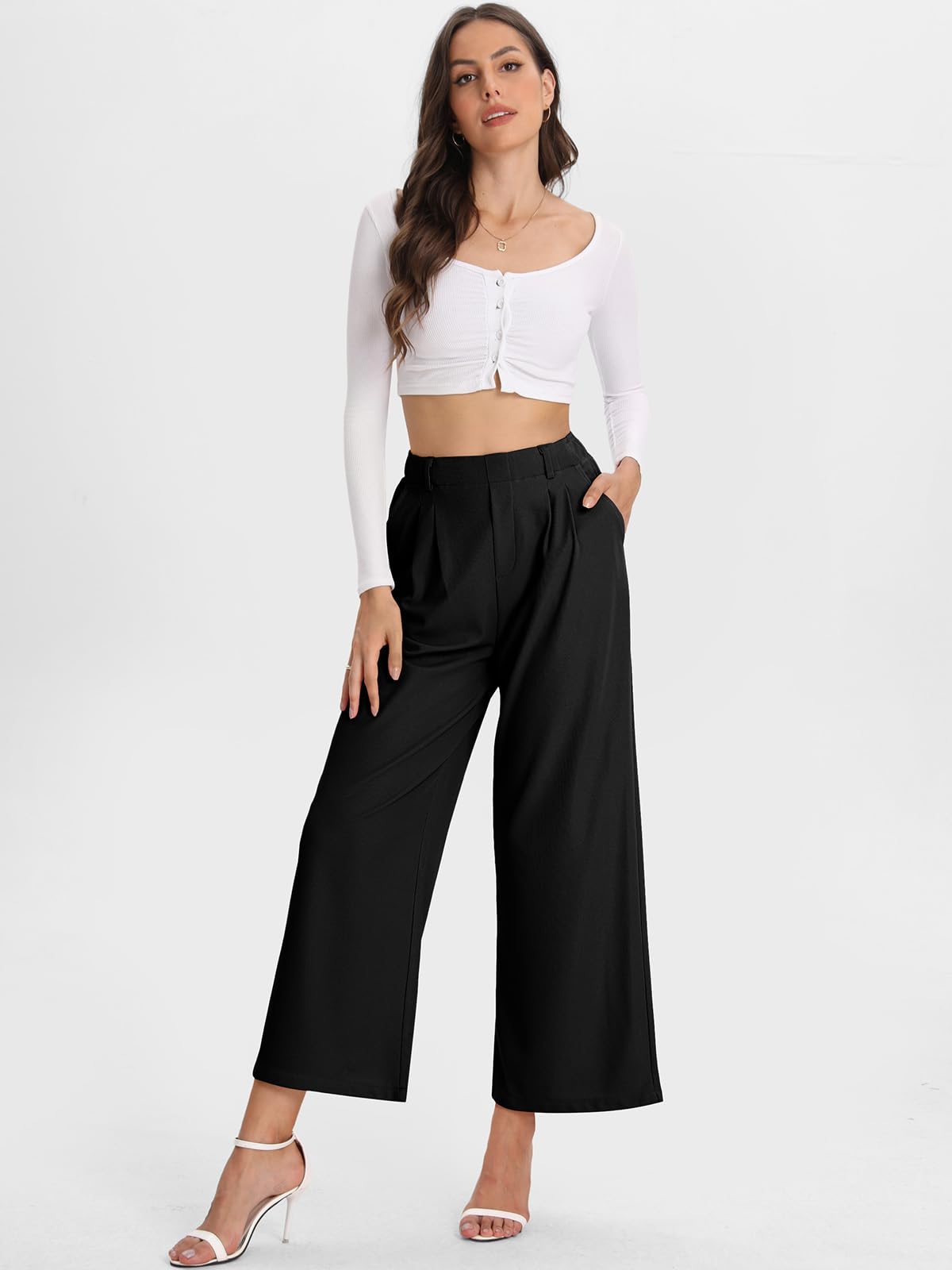 Bloggerlove Women's High Waist Waffle Knit Dress Pants - Business Casual Wide Leg Trousers with Pockets for Office & Fall 2024 | Perfect for Workwear, Business Meetings & Smart Casual Outfits
