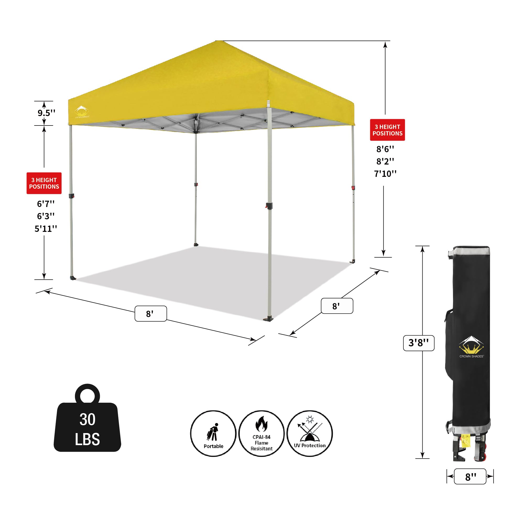CROWN SHADES 8x8 Pop Up Canopy Tent - Instant Beach Sun Shelter with One Push Setup - Portable Outdoor Shade for Camping, Picnics, Backyard Parties & Tailgating - Includes STO-N-Go Carry Bag & Silver-Coated UV Protection Top (Yellow) - Perfect for Beach Days, Outdoor Events and Family Gatherings