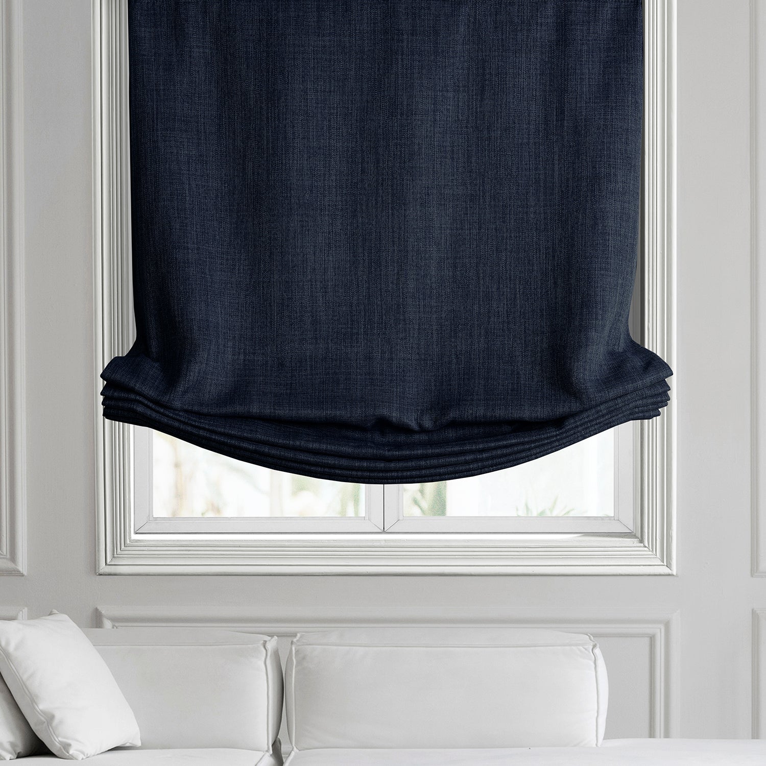 Nightfall Navy Textured Faux Linen Roman Shade - Blackout Window Treatment for Bedroom & Living Room