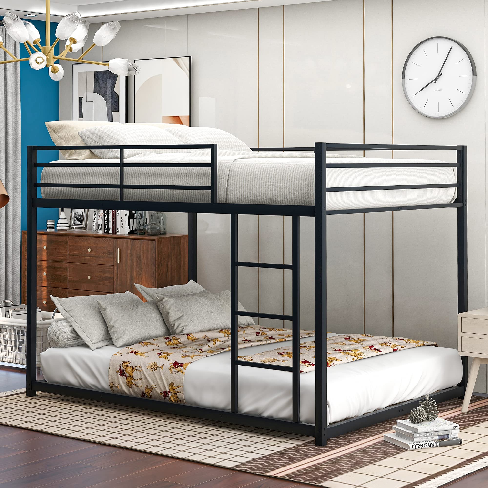 Full Over Full Low Profile Metal Bunk Bed Frame with Sturdy Ladder - No Box Spring Required - Space Saving Black Bunk Bed for Kids, Teens & Guest Rooms