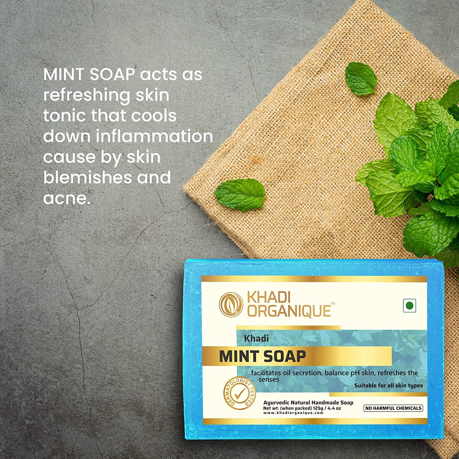 Khadi Organique Natural Herbal Pure Mint Soap - Pack of 6 Bars | Refreshing & Antibacterial Face & Body Cleanser for Sensitive Skin | Perfect for Daily Use, Travel & Spa Days