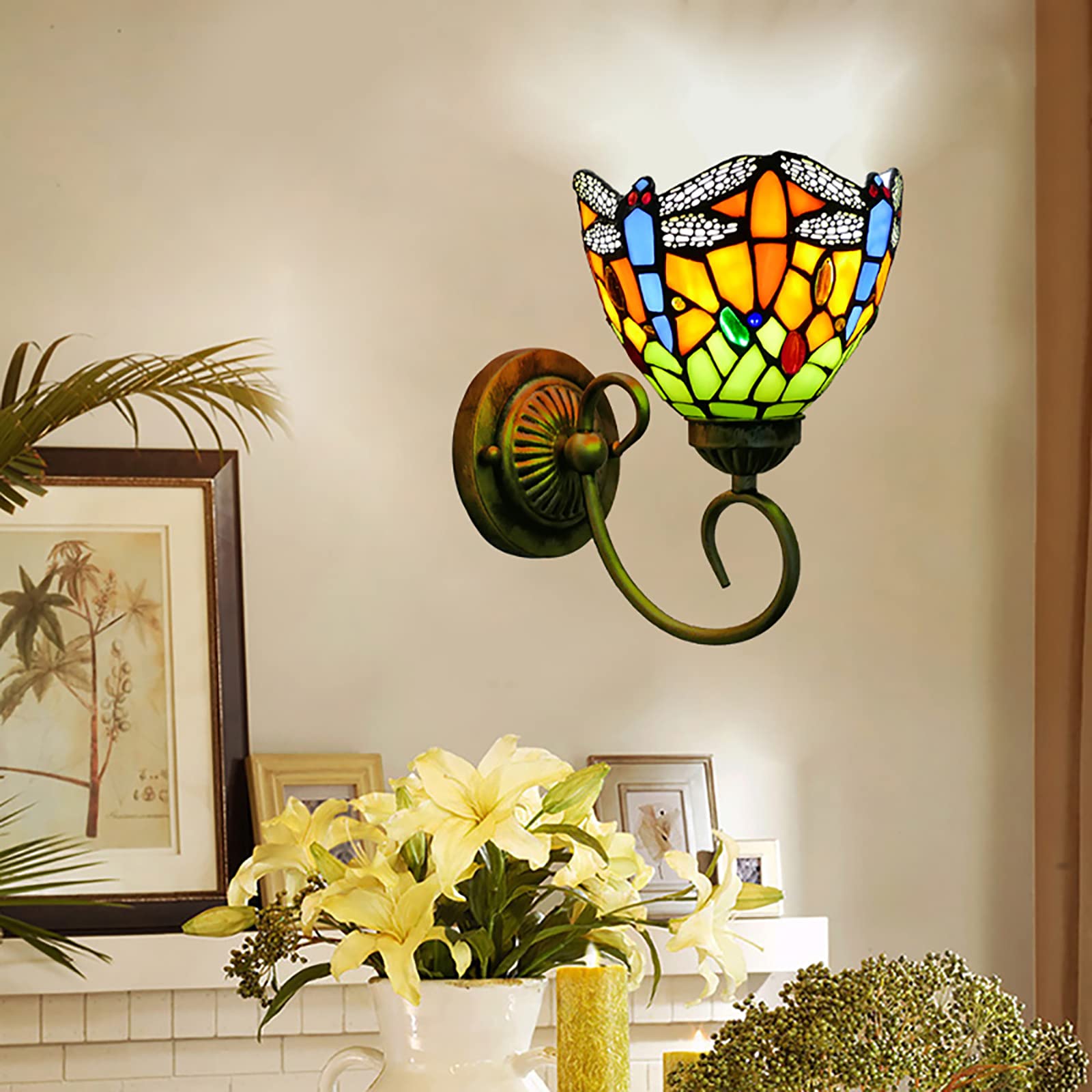 Tiffany Style Wall Lamp LED - Stained Glass Sconce with Dragonfly Design, E27 Base, 6 Inch Hallway Light for Bedroom & Living Room - Perfect for Corridor, Gallery, and Passageway Lighting