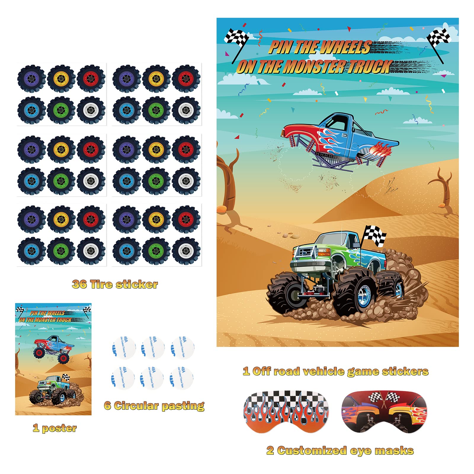 Pin The Wheels on The Truck Game - 36 Pcs Wheels with Large Truck Poster | Fun Kids Birthday Party, Carnival & Truck Theme Party Supplies | Perfect for Birthday Games, Classroom Activities & Family Gatherings