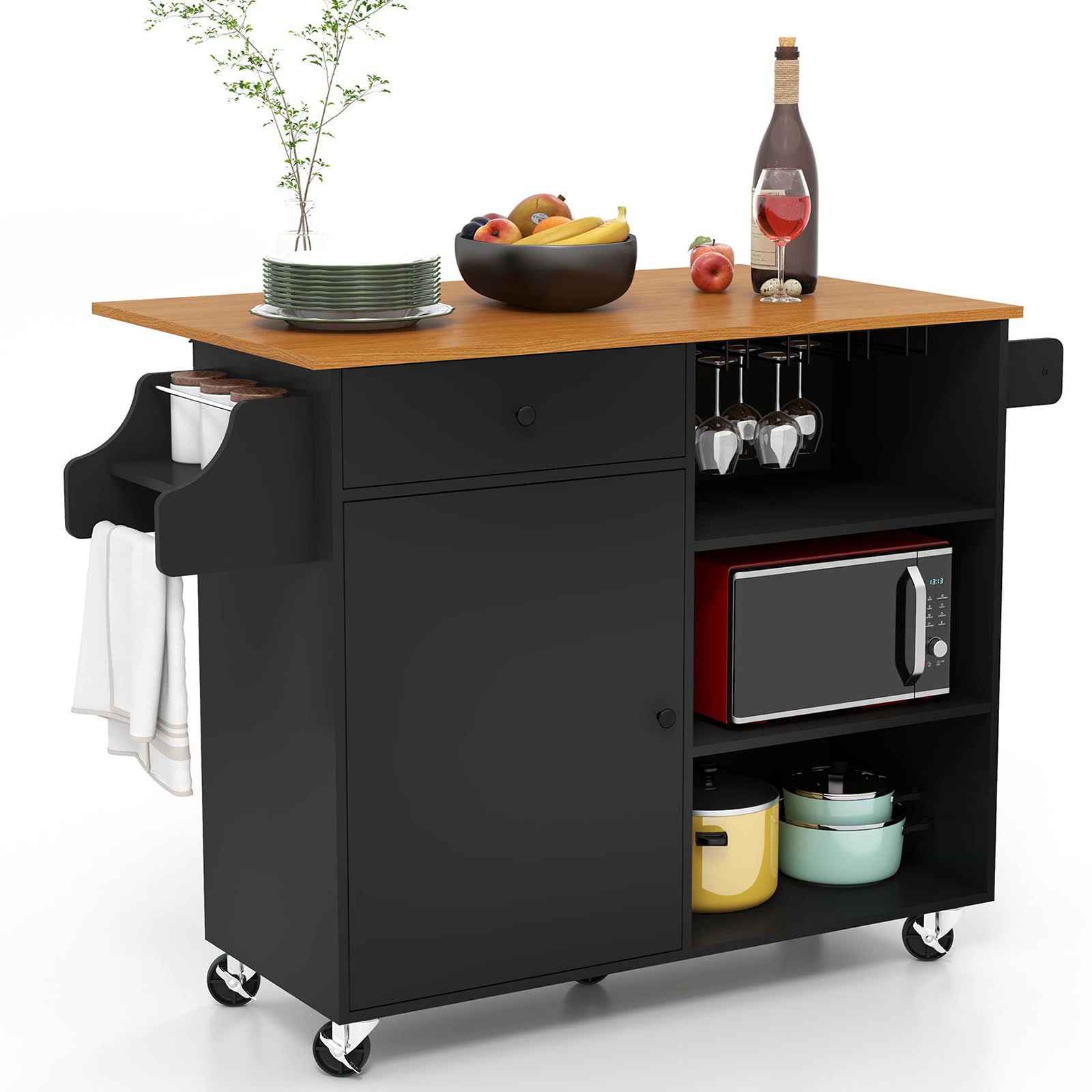 Bonzy Home 45.5 Inch Rolling Kitchen Island with Lockable Wheels & Drop Leaf - Mobile Kitchen Cart with Storage, Glass Holder, Spice Rack, Towel Bar & Drawer - Perfect for Small Kitchens, Apartments & Entertaining - Black