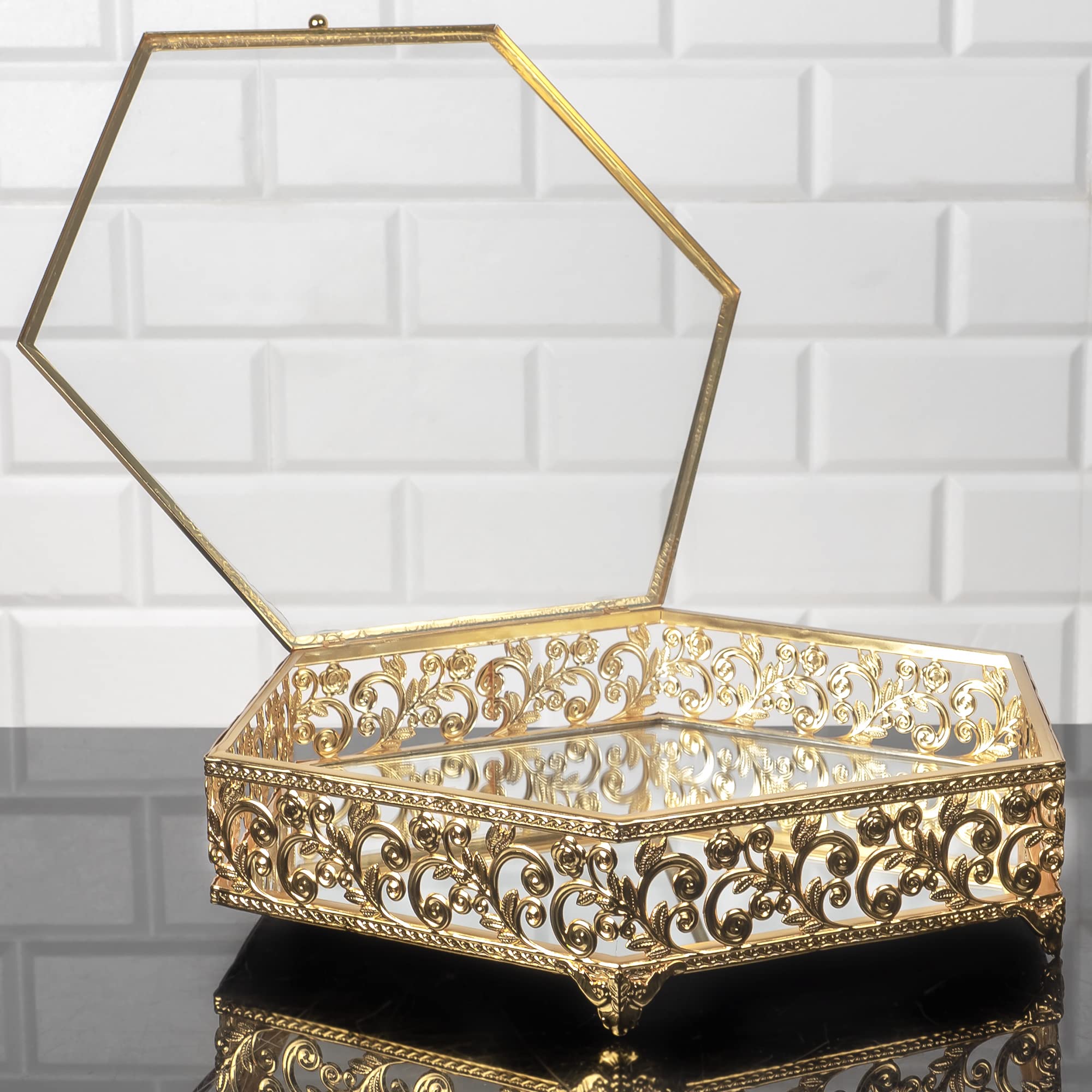 Handmade Hexagon Metal Keepsake Box with Lid - Vintage Gold Jewelry Storage Box, Decorative Display Case for Home Décor, Gifts & Organizing (Large, Gold) | Perfect for Jewelry Storage, Wedding Favors & Home Organization