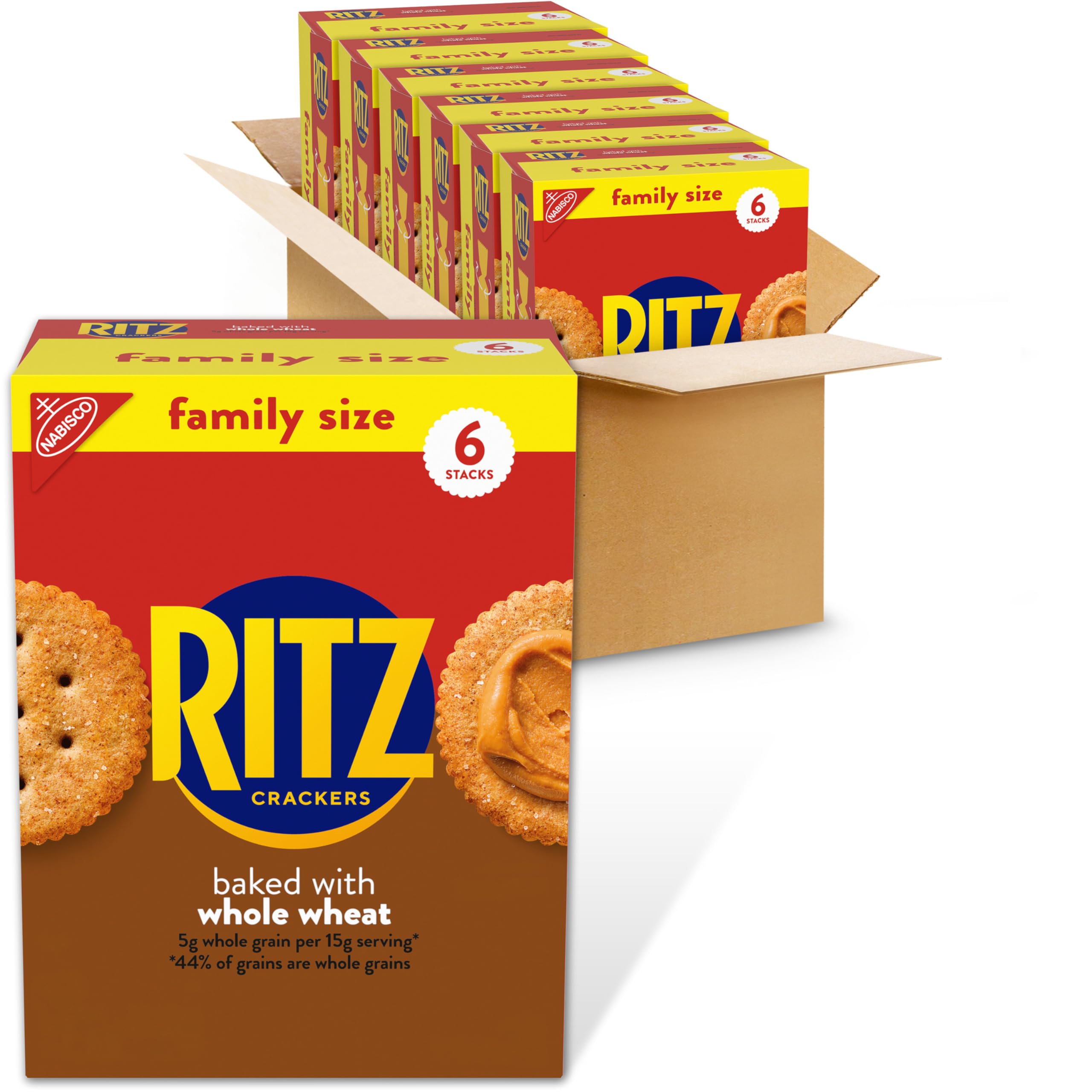 RITZ Whole Wheat Crackers - Healthy Snacks for Kids & Adults - Bulk Family Size (6-19.3 oz) - Perfect for School Lunches, Office Snacks & Picnics